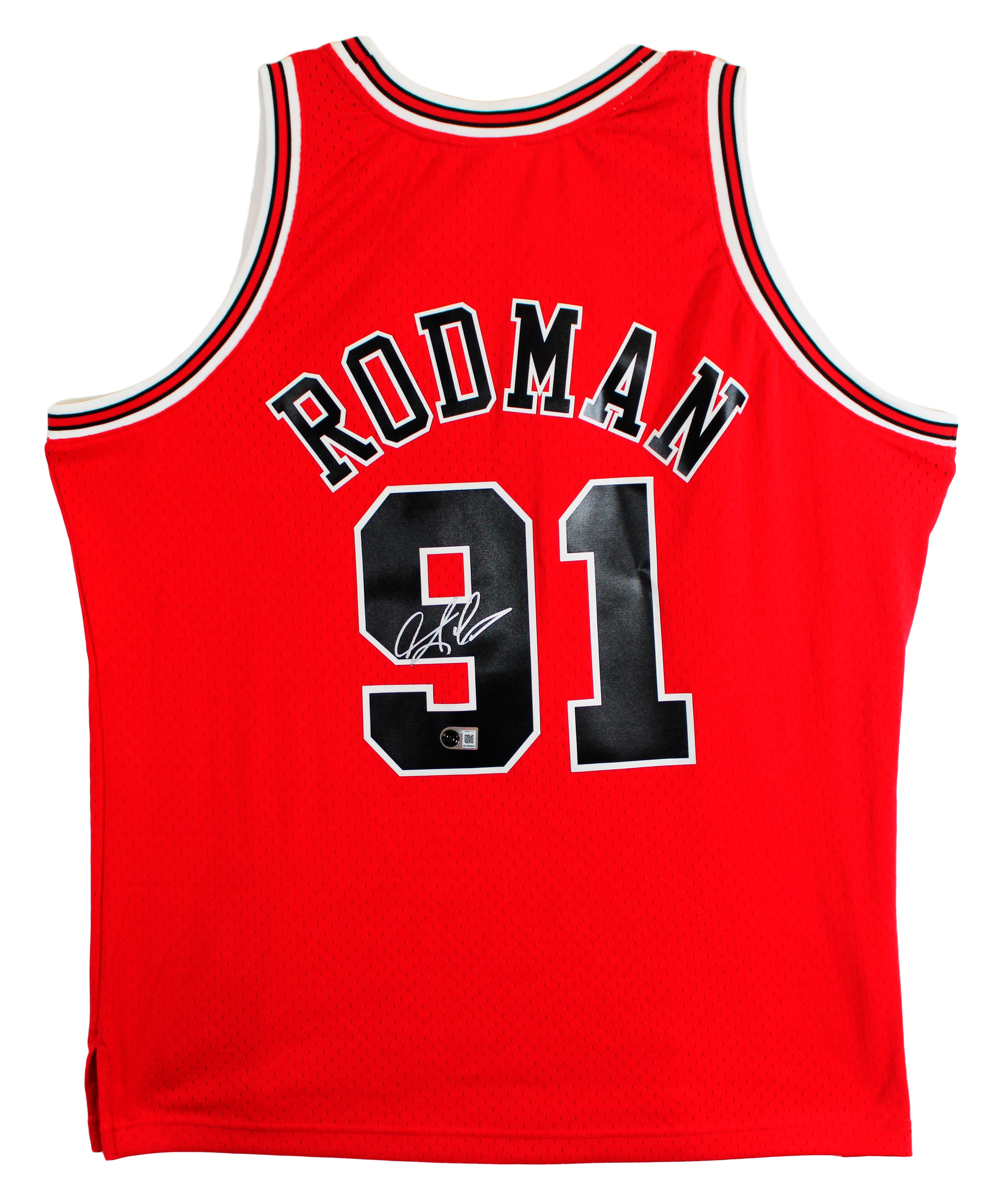 Bulls Dennis Rodman Signed Red Mitchell & Ness HWC Swingman Jersey BAS Witnessed