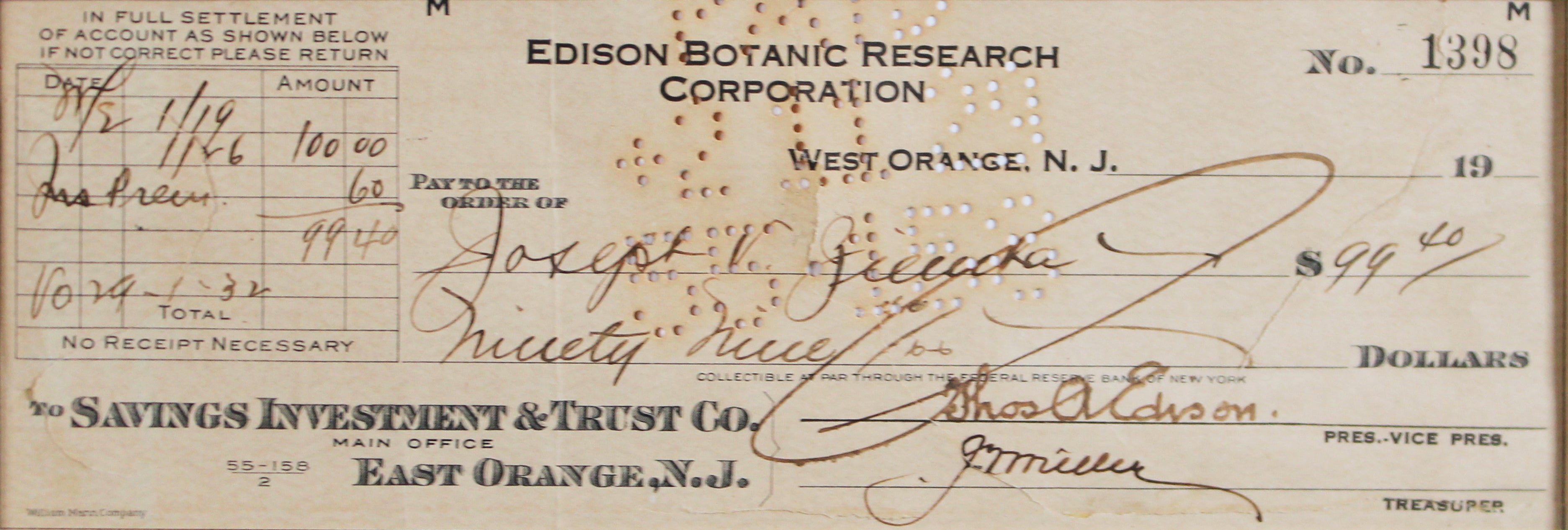 Thomas Edison Authentic Signed & Framed 1929 3.5x8.5 EBR Corp Check JSA #YY85943