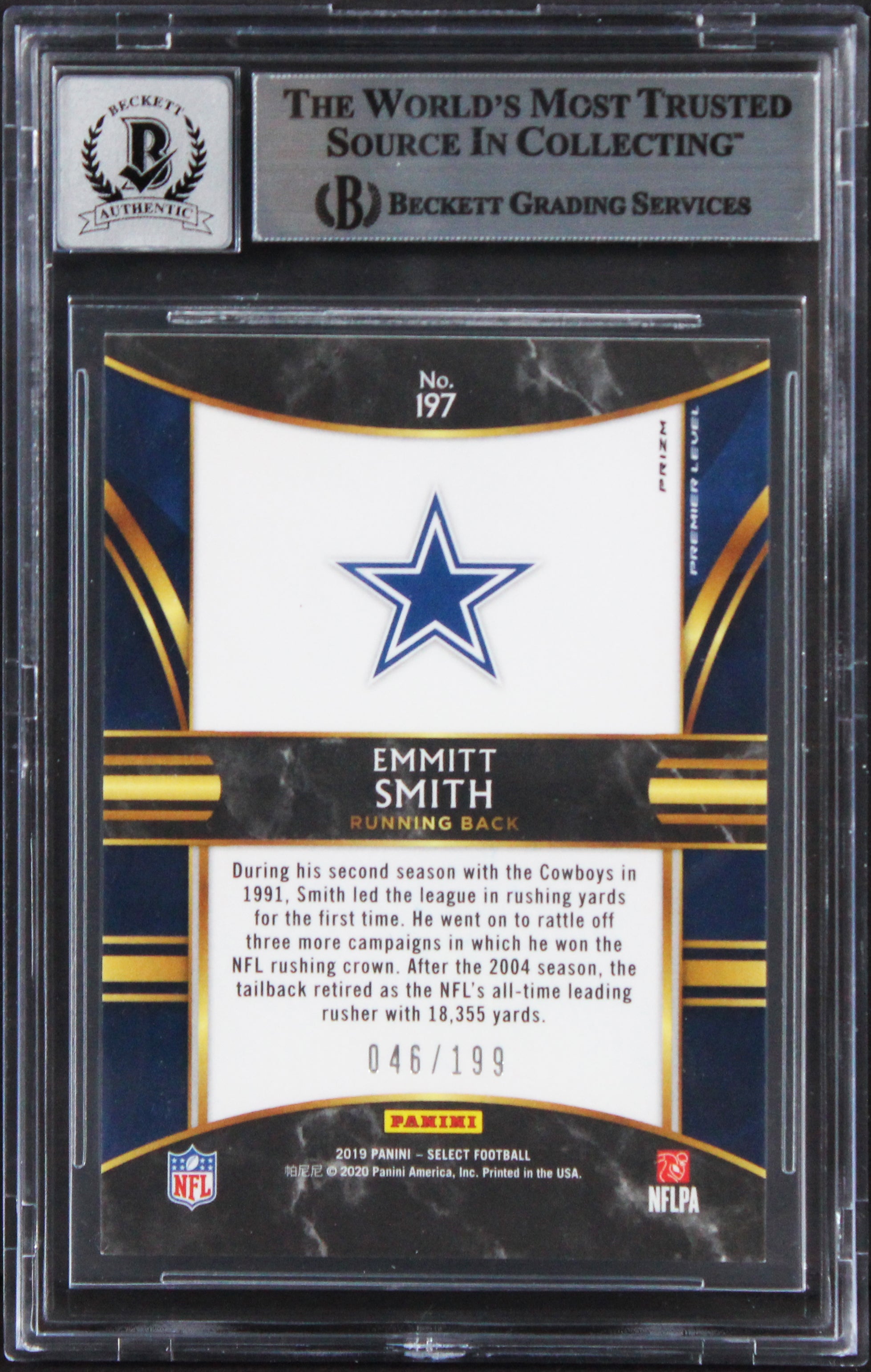 Emmitt Smith Signed 2019 Select Prizm Tri Color #197 Card Auto 10! BAS Slabbed