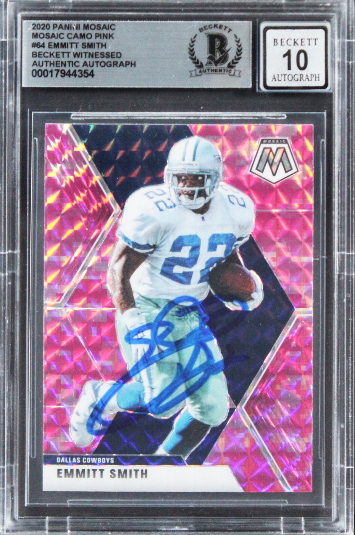 Emmitt Smith Signed 2020 Panini Mosaic Camo Pink #64 Card Auto 10! BAS Slabbed