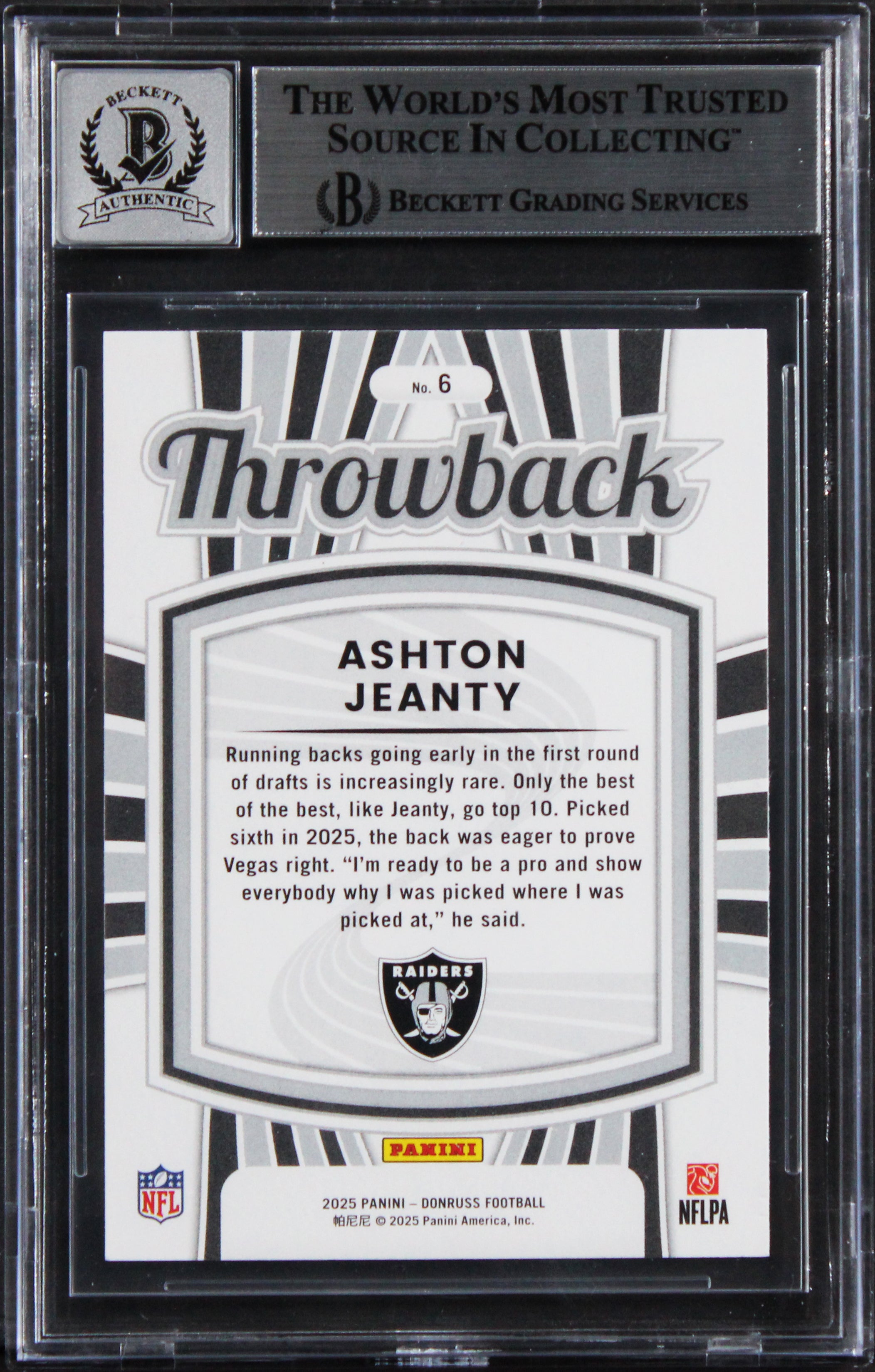 Raiders Ashton Jeanty Signed 2025 Donruss RR Throwback #6 Card Auto 10! BAS Slab
