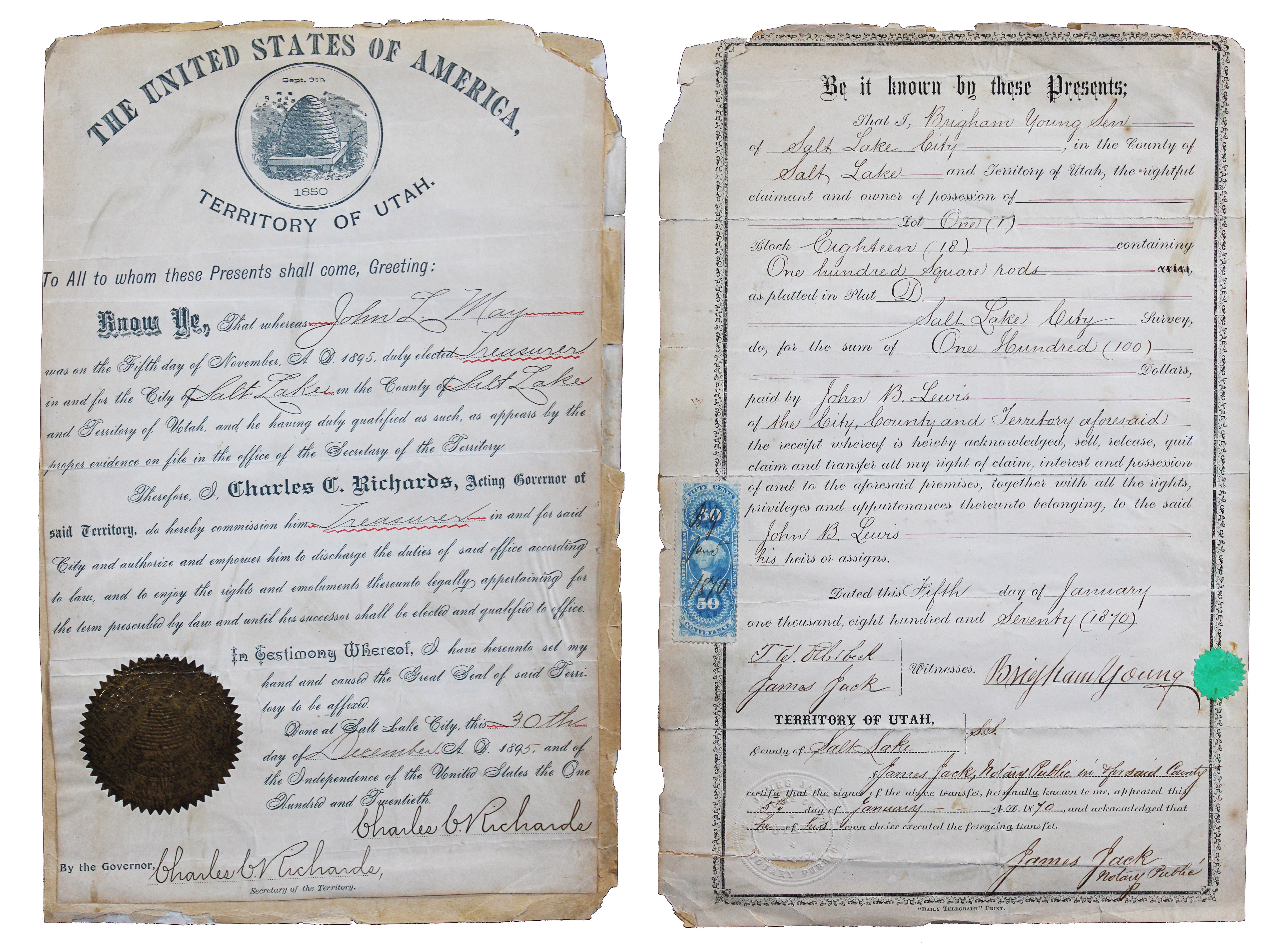 Brigham Young Signed 8x12.75 1870 Land Transfer Deed Document BAS #AE64447