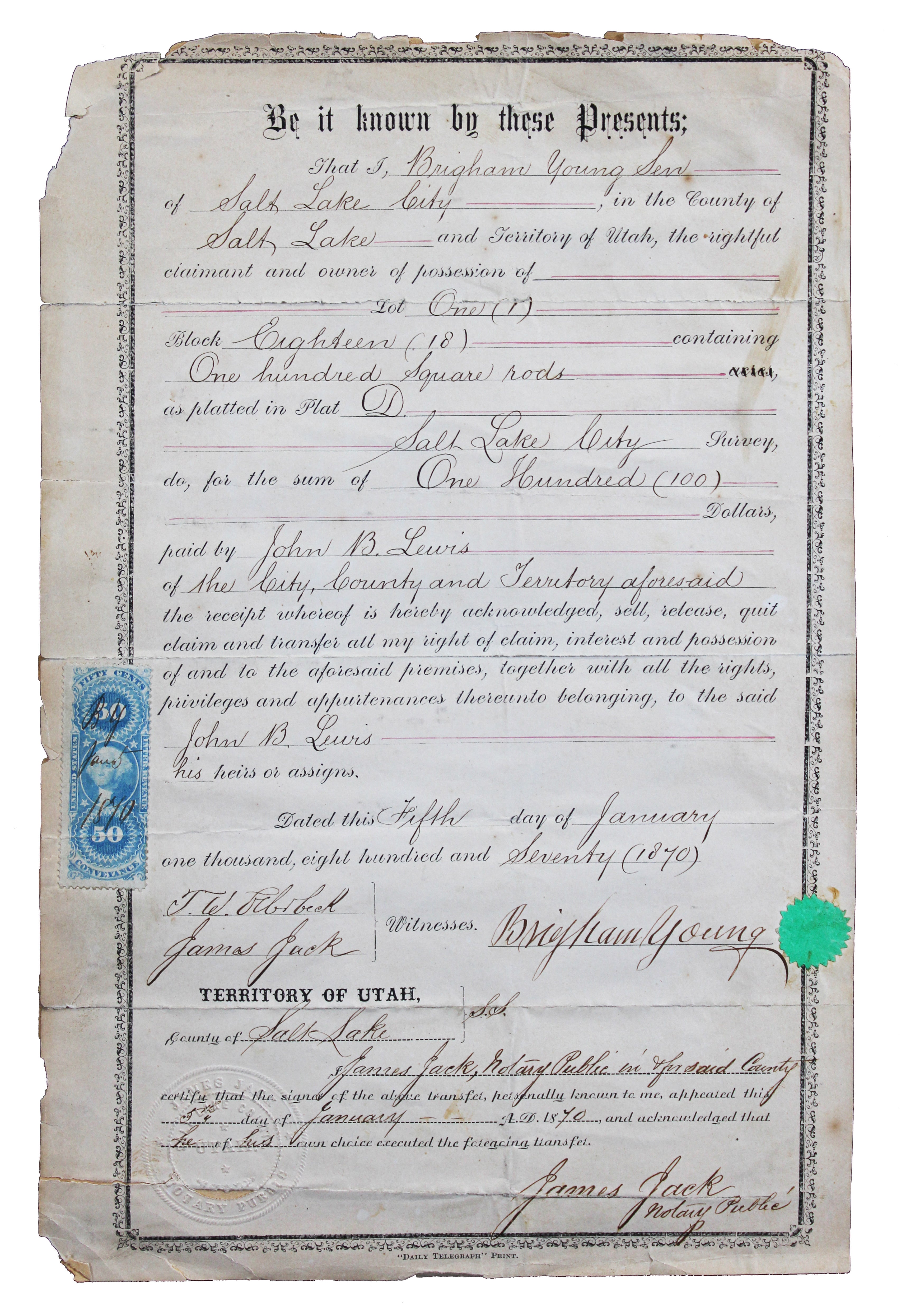 Brigham Young Signed 8x12.75 1870 Land Transfer Deed Document BAS #AE64447