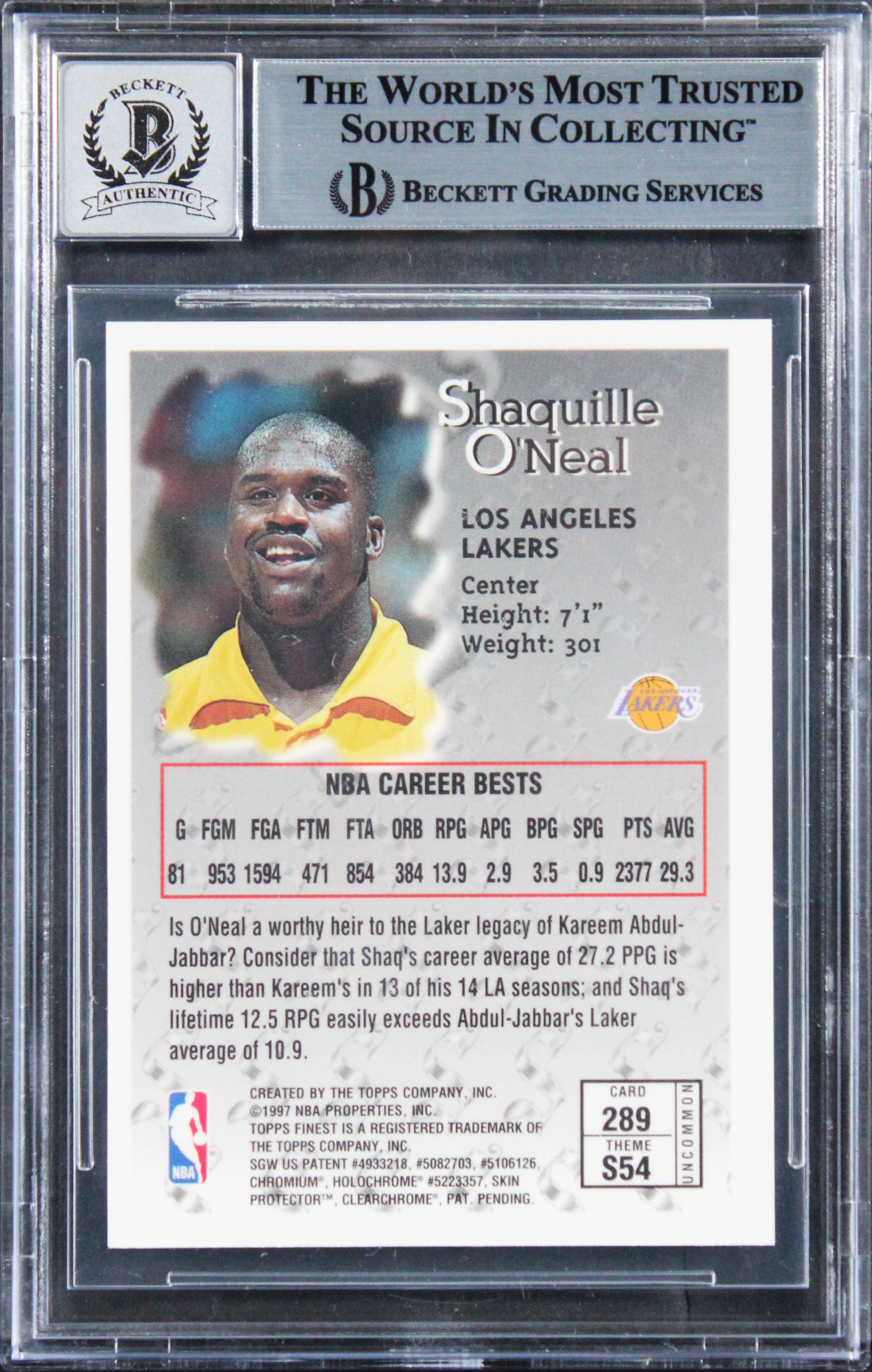 Lakers Shaquille O'Neal Signed 1996 Finest #289 Card Auto Grade 10! BAS Slabbed
