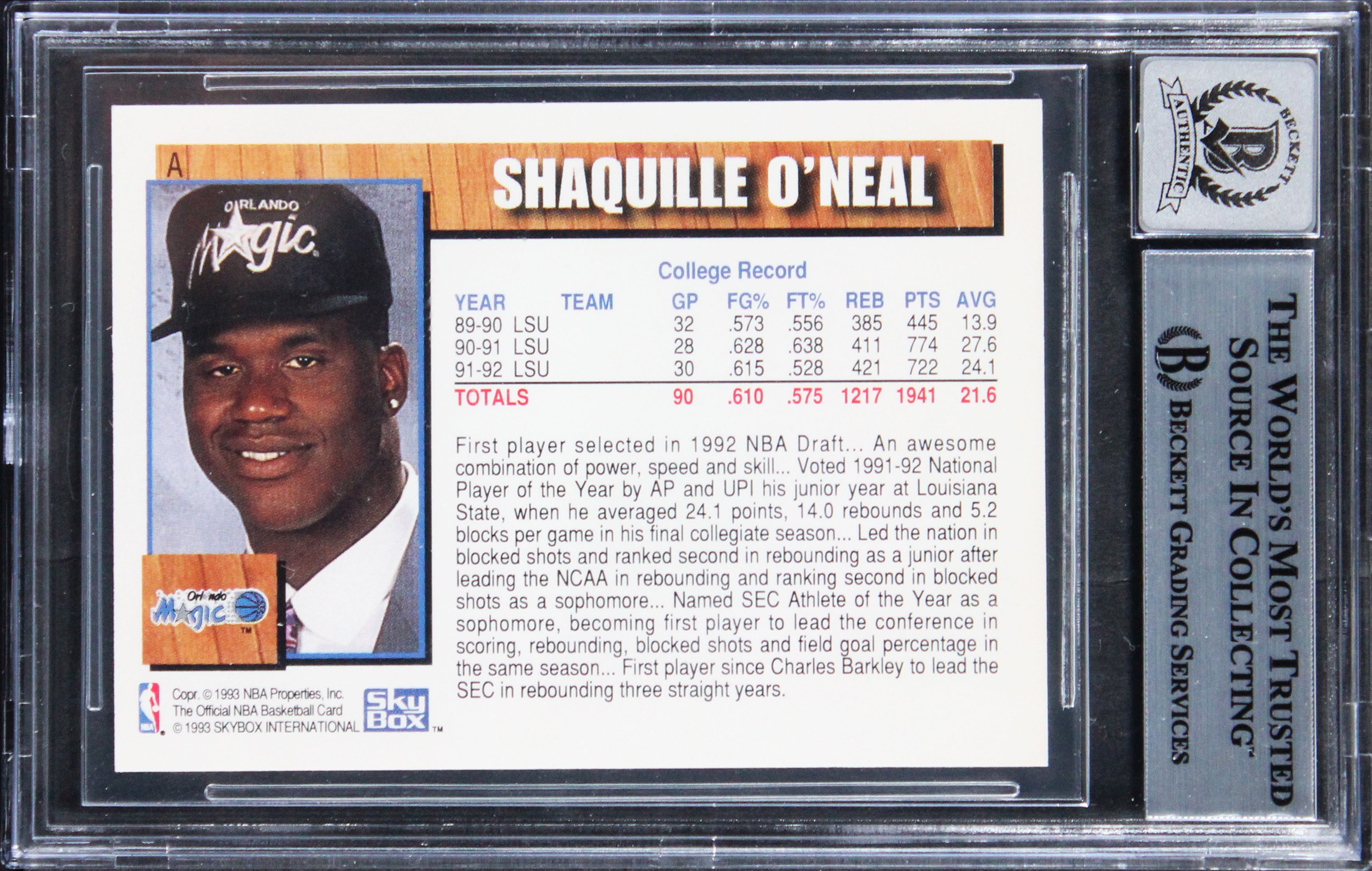 Shaquille O'Neal Signed 1992 Hoops Draft Redemption #A RC Card Auto 10! BAS Slab