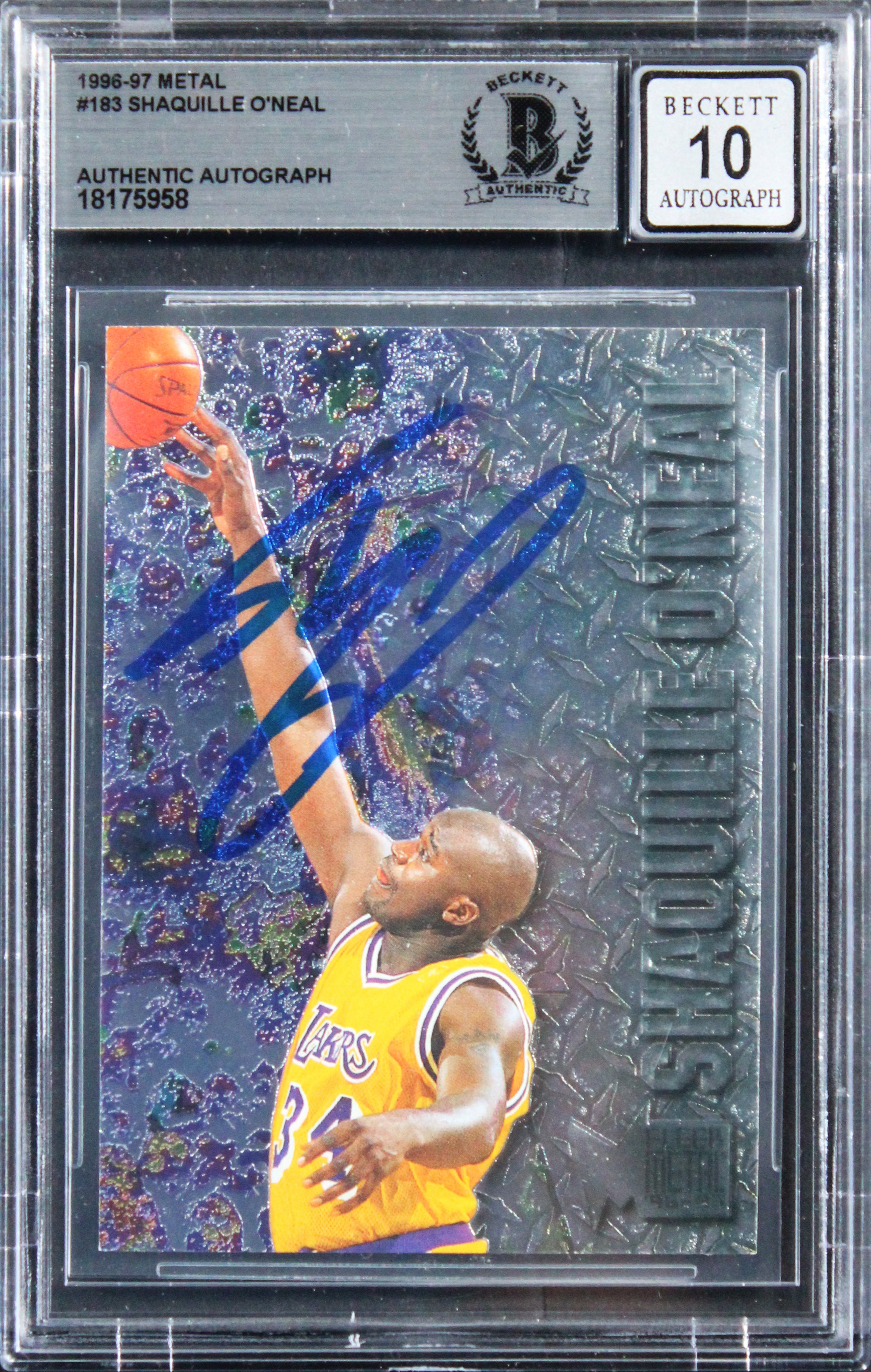 Lakers Shaquille O'Neal Signed 1996 Metal #183 Card Auto Graded 10! BAS Slabbed