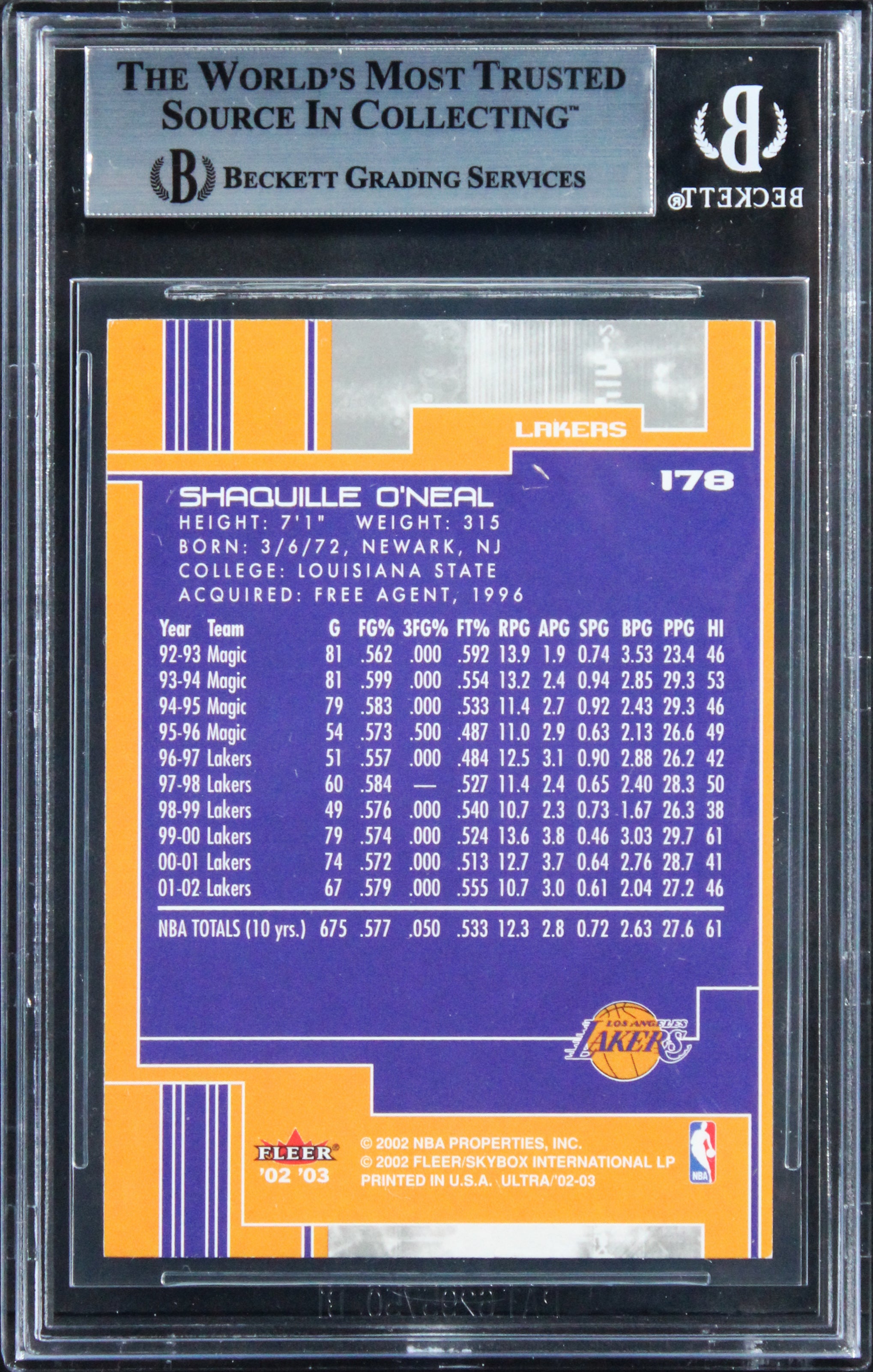 Lakers Shaquille O'Neal Authentic Signed 2002 Ultra #178 Card BAS Slabbed