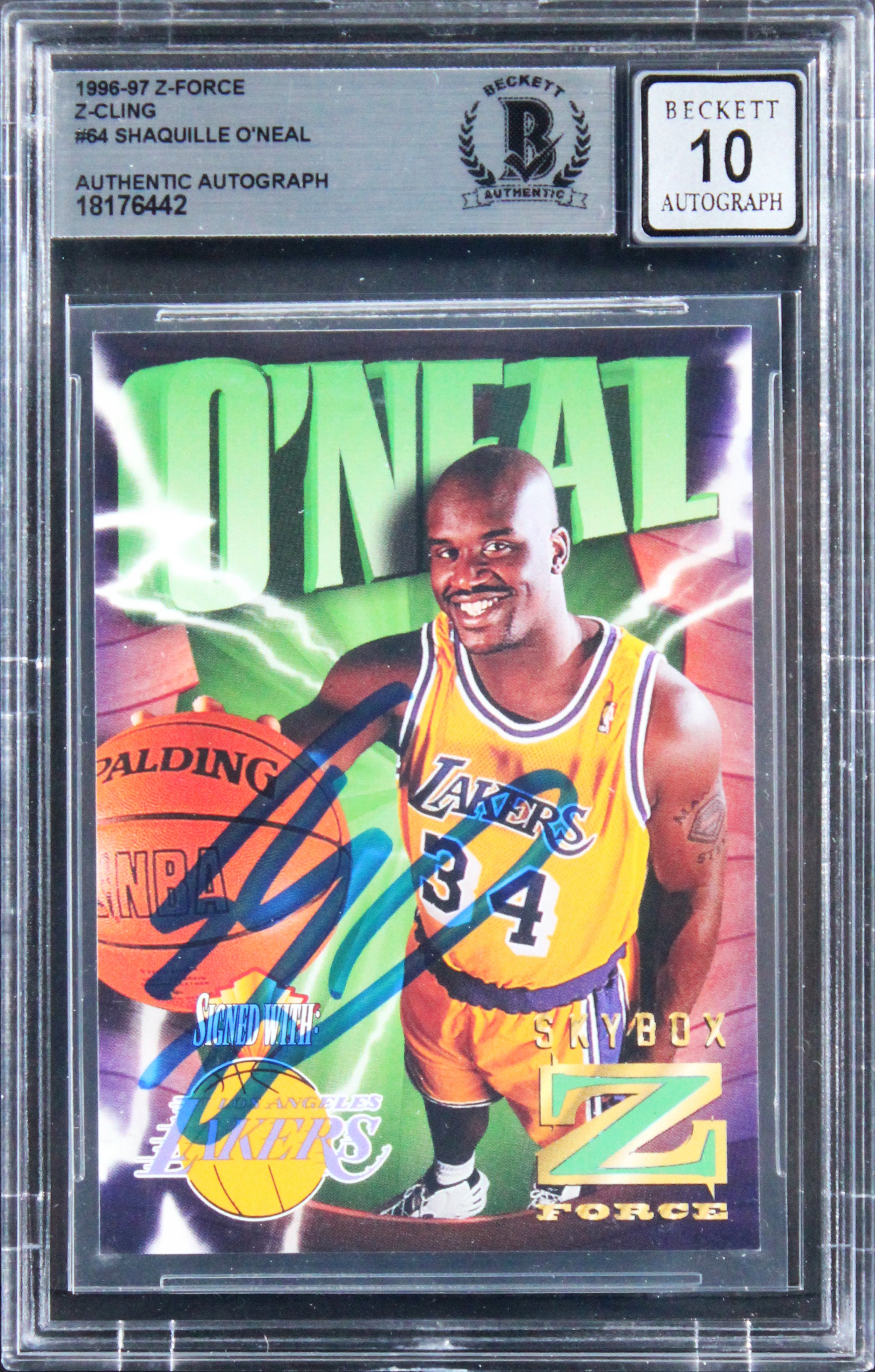 Lakers Shaquille O'Neal Signed 1996 Z-Force Z-Cling #64 Card Auto 10! BAS Slab