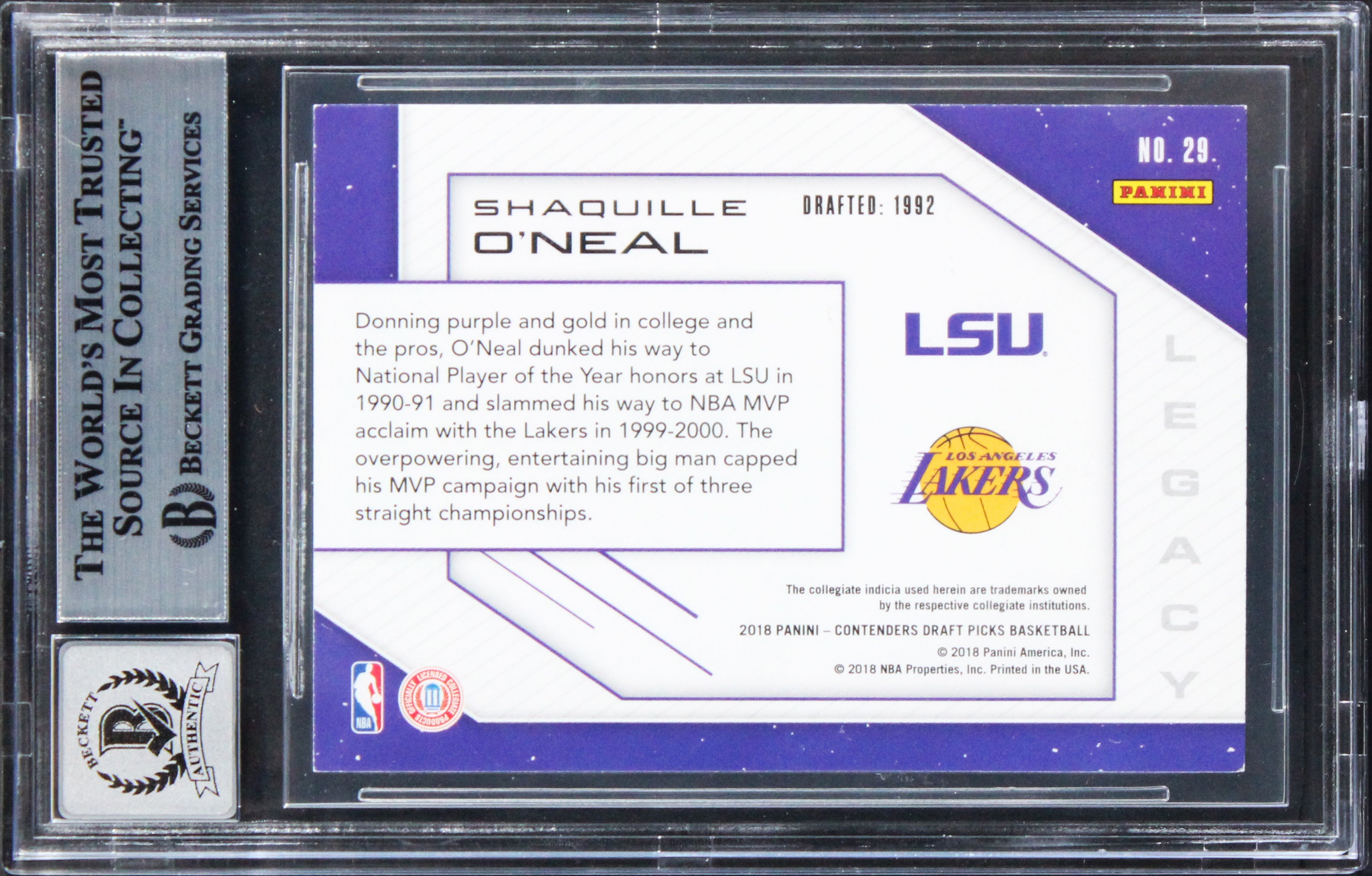 Shaq O'Neal Signed 2018 Contenders Draft Picks Legacy #29 Card Auto 10! BAS Slab