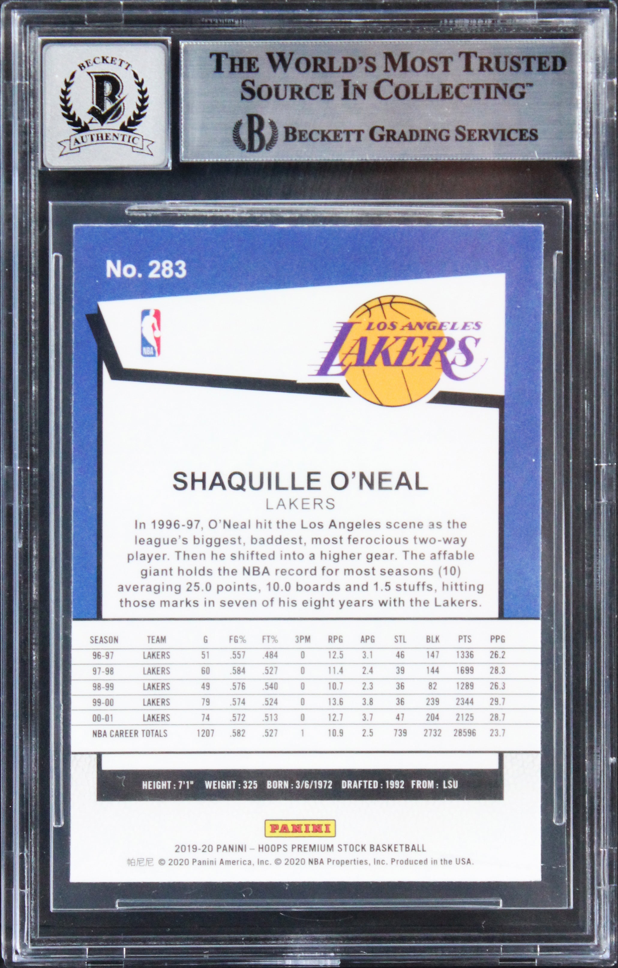 Lakers Shaquille O'Neal Signed 2019 Hoops Prem Stock #283 Card Auto 10! BAS Slab
