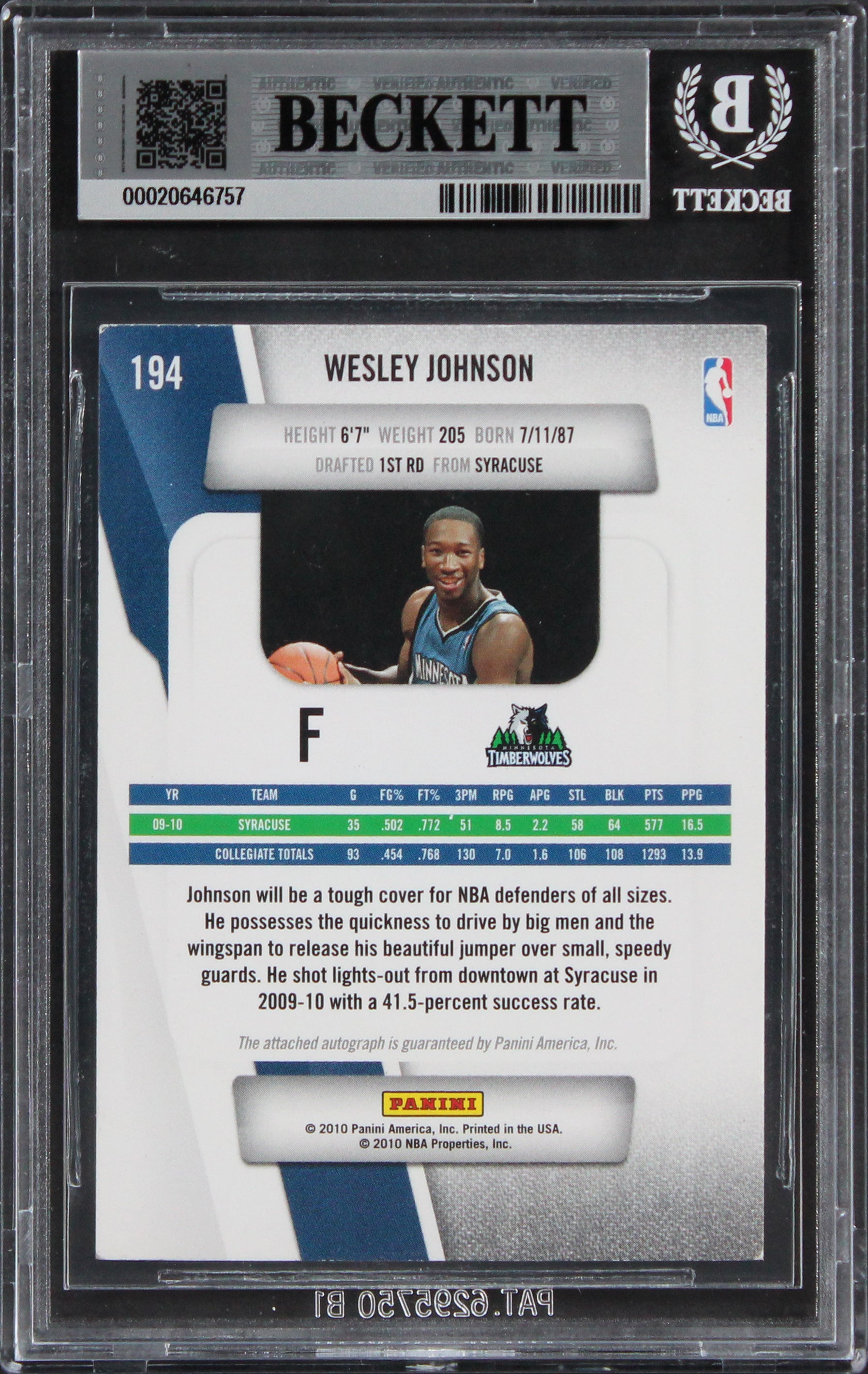 Timberwolves Wesley Johnson Authentic Signed 2010 Prestige #194 Card BAS Slab