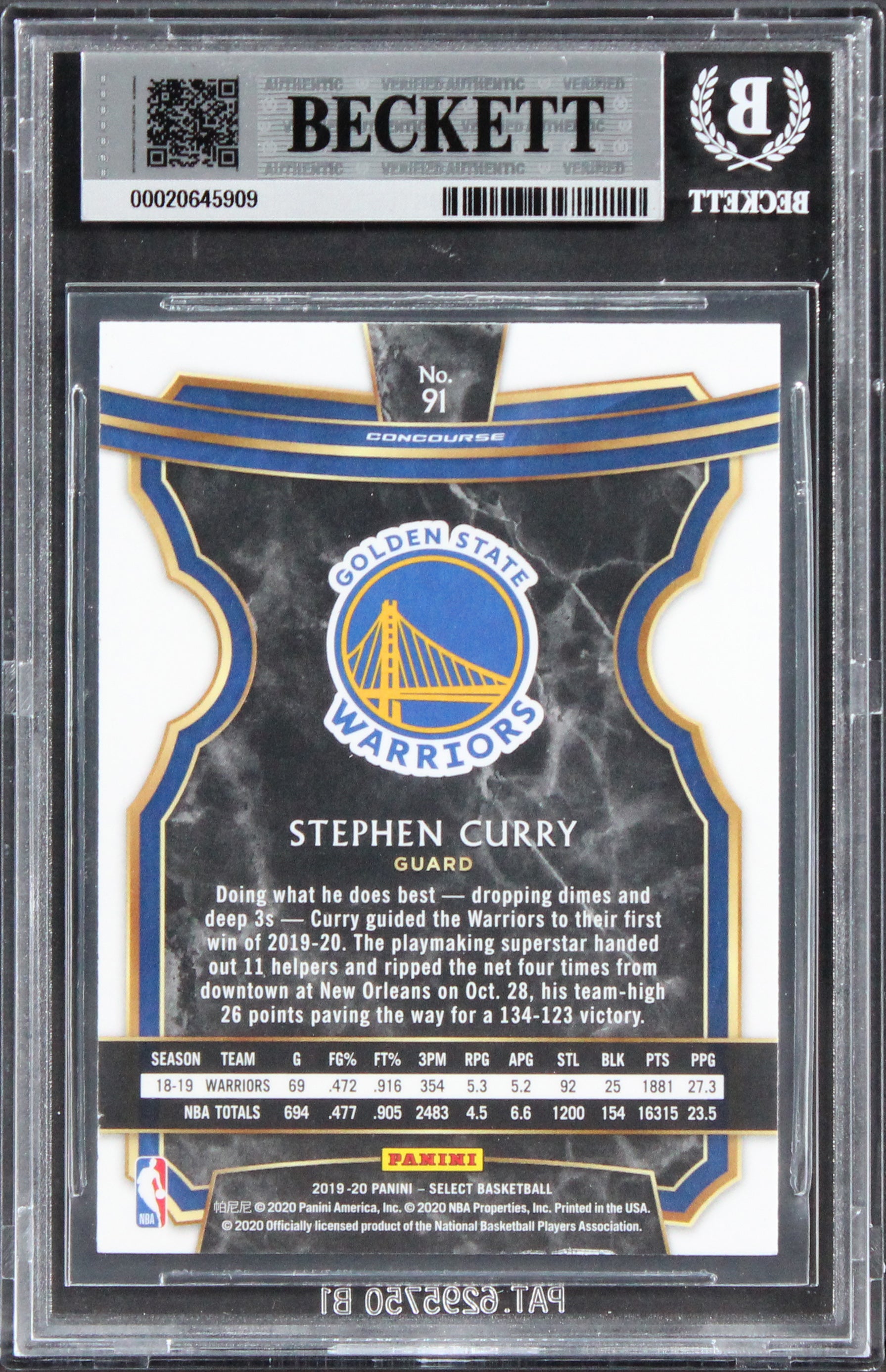 Warriors Stephen Curry Signed 2019 Select #91 Card Auto Grade 10! BAS Slabbed