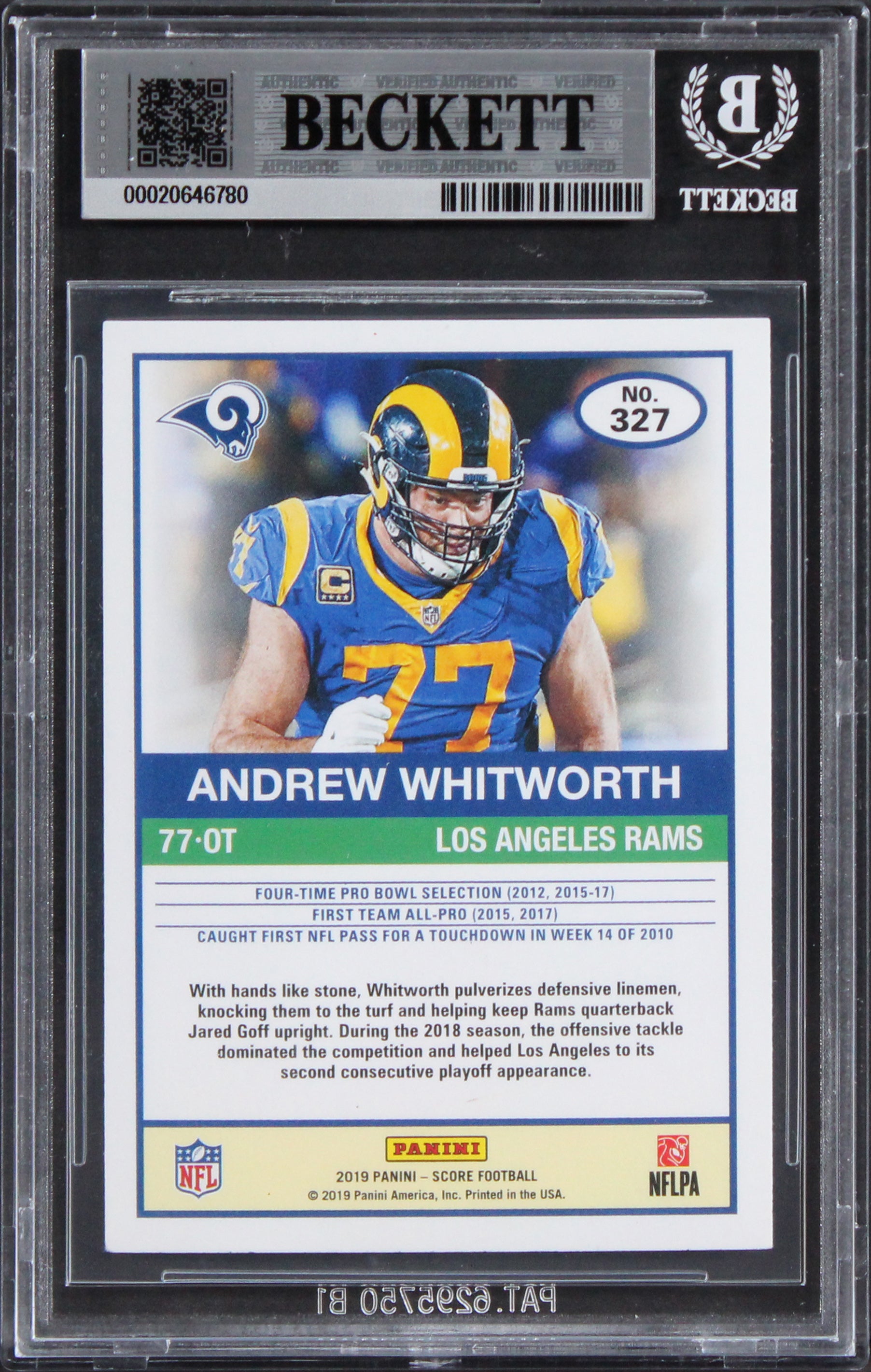 Rams Andrew Whitworth Authentic Signed 2019 Score #327 Card BAS Slabbed 2