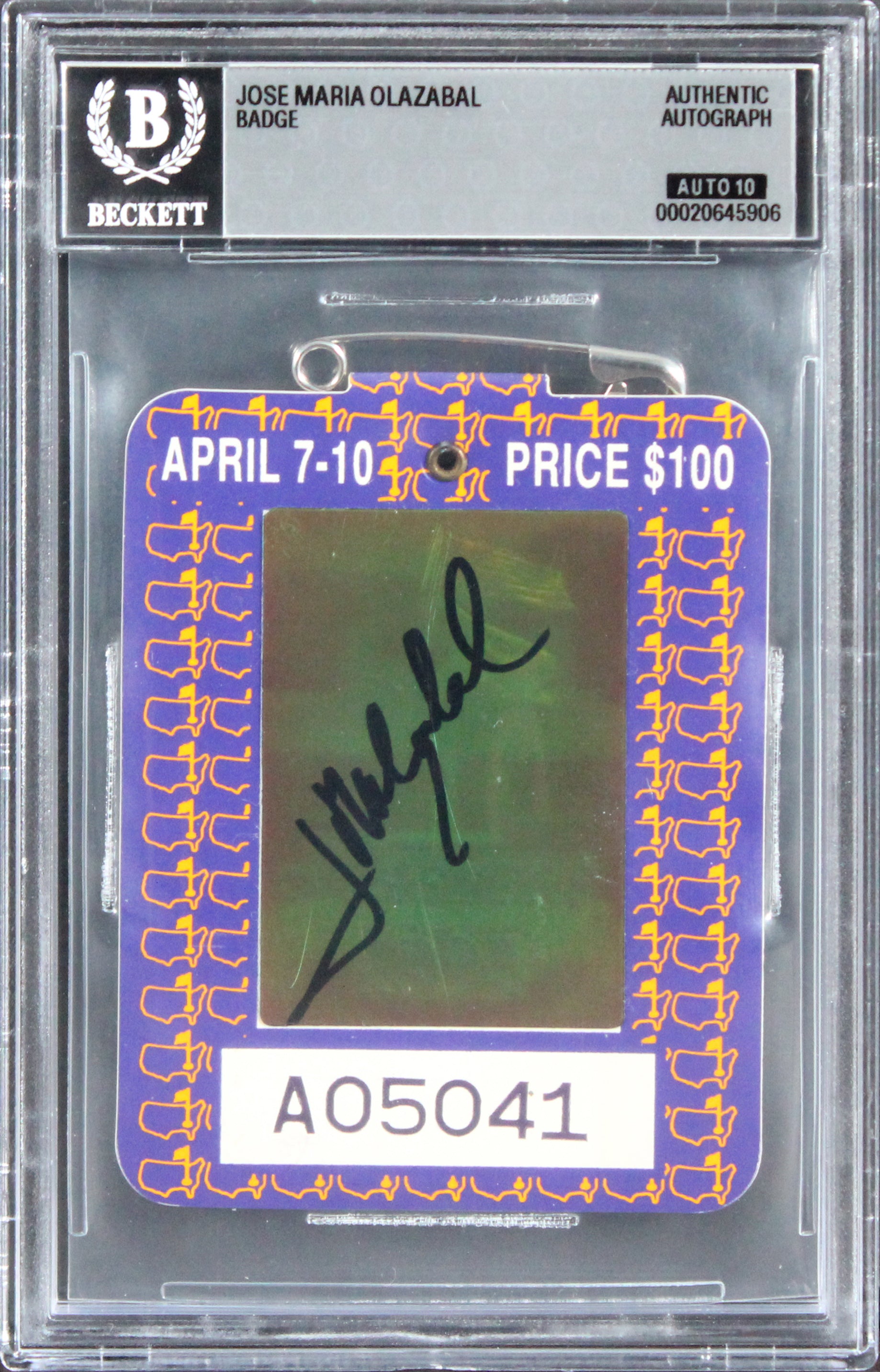 Jose Maria Olazabal Signed 1994 Masters Augusta Golf Club Badge Auto 10 BAS Slab