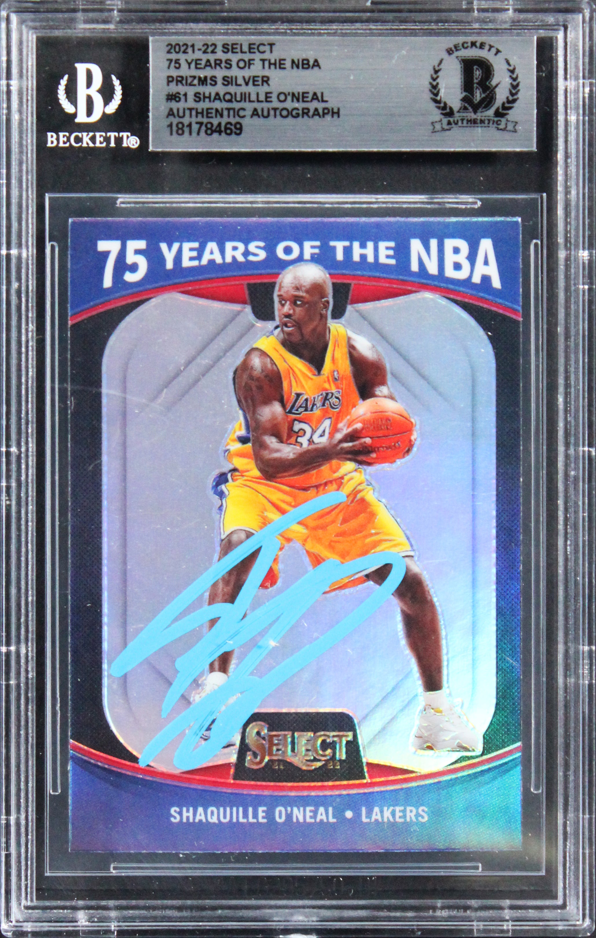 Shaq O'Neal Signed 2021 Select 75 Yrs Of The NBA Prizms Silver #61 Card BAS Slab