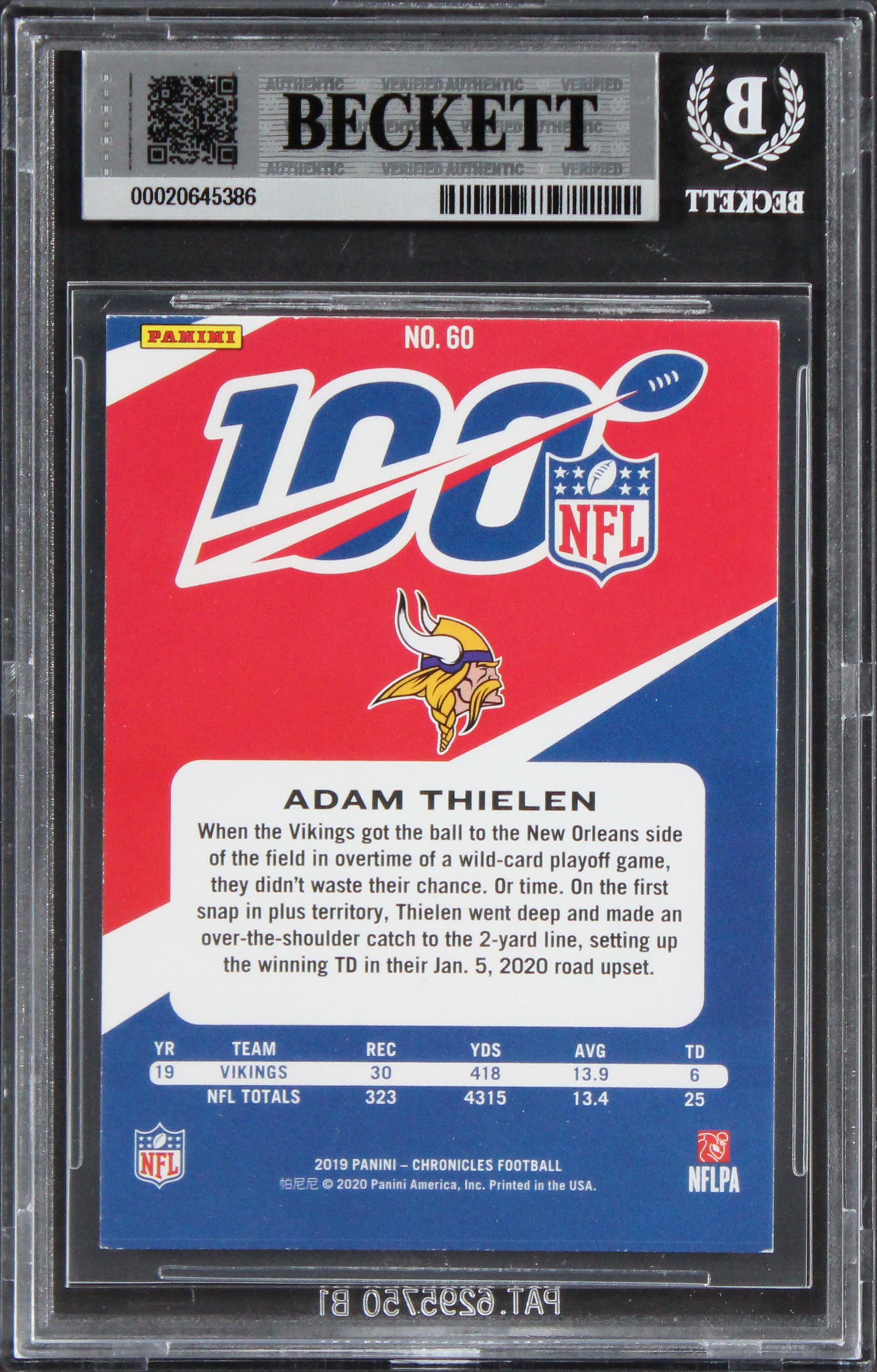 Vikings Adam Thielen Signed 2019 Panini Chronicles #60 Card Auto GM 10! BAS Slab