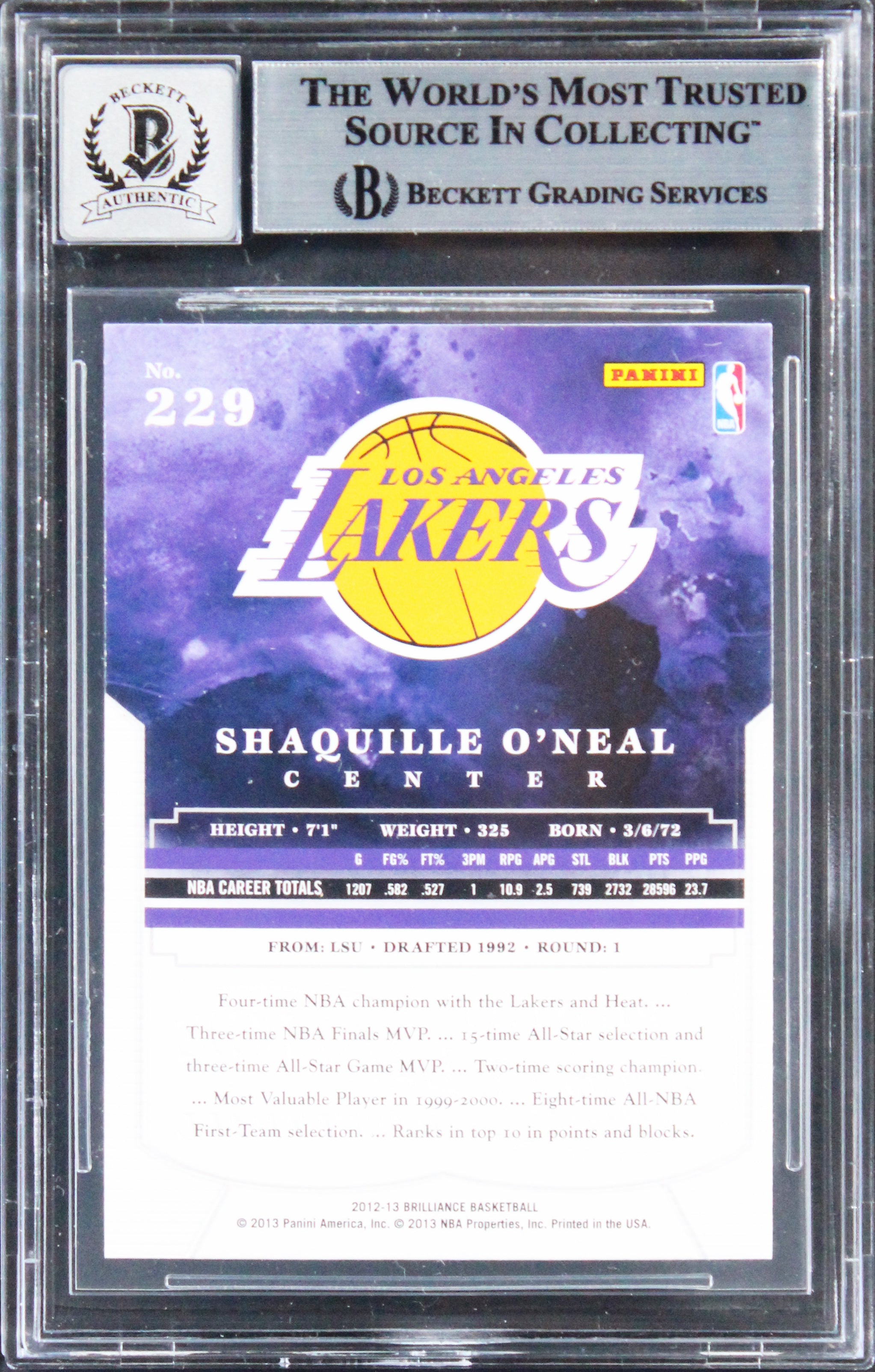 Shaquille O'Neal Signed 2012 Panini Brilliance #229 Card Auto 10! BAS Slabbed
