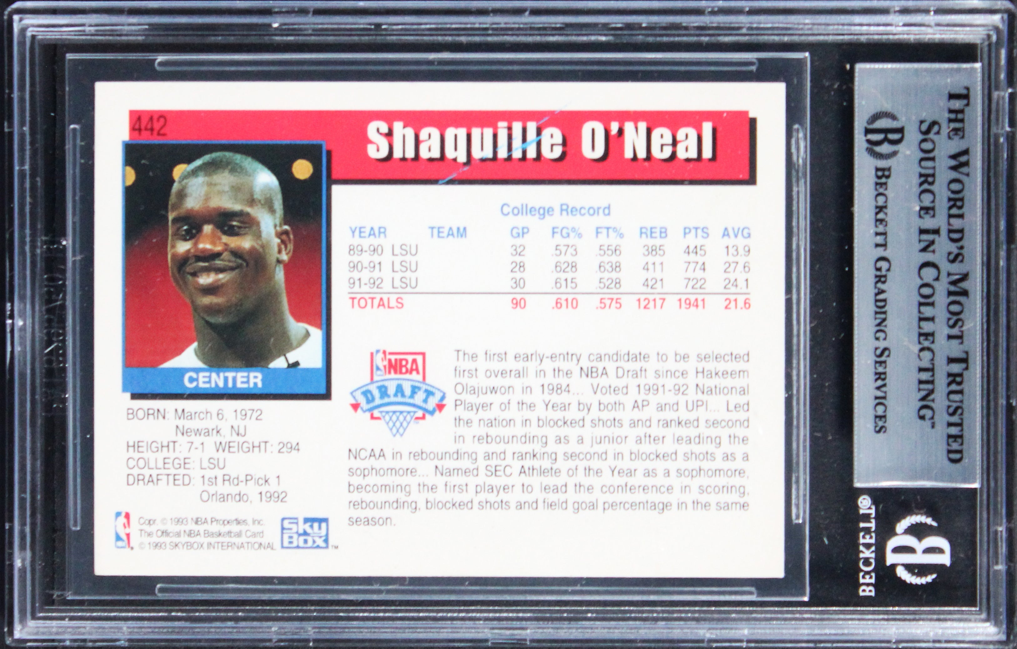 Magic Shaquille O'Neal Authentic Signed 1992 Hoops #442 Rookie Card BAS Slabbed