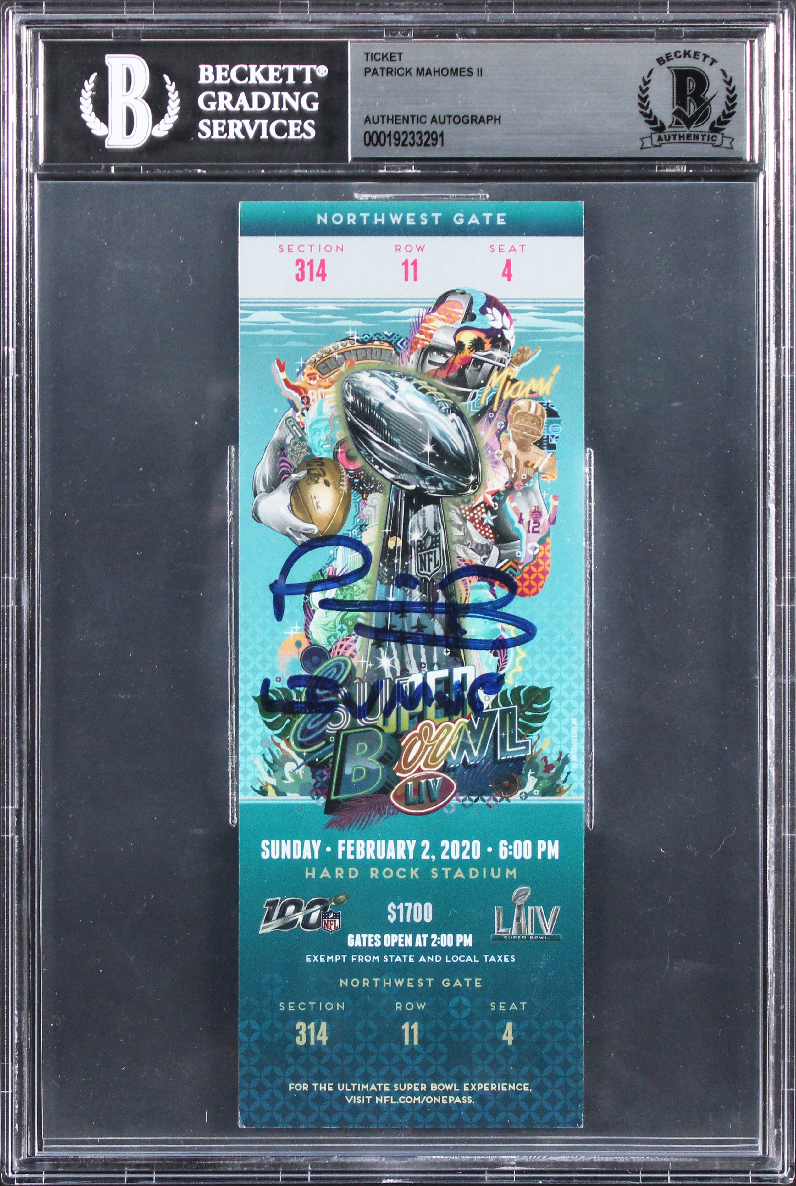 Chiefs Patrick Mahomes "LIV MVP" Signed Super Bowl LIV Full Ticket Stub BAS Slab