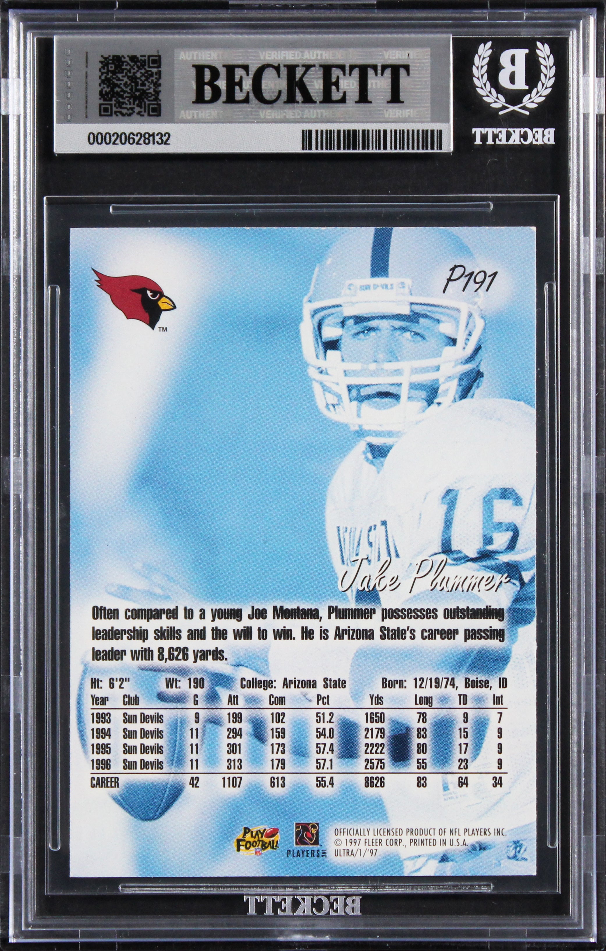 Cardinals Jake Plummer Signed 1997 Ultra Platinum #P191 RC Card Auto 10 BAS Slab