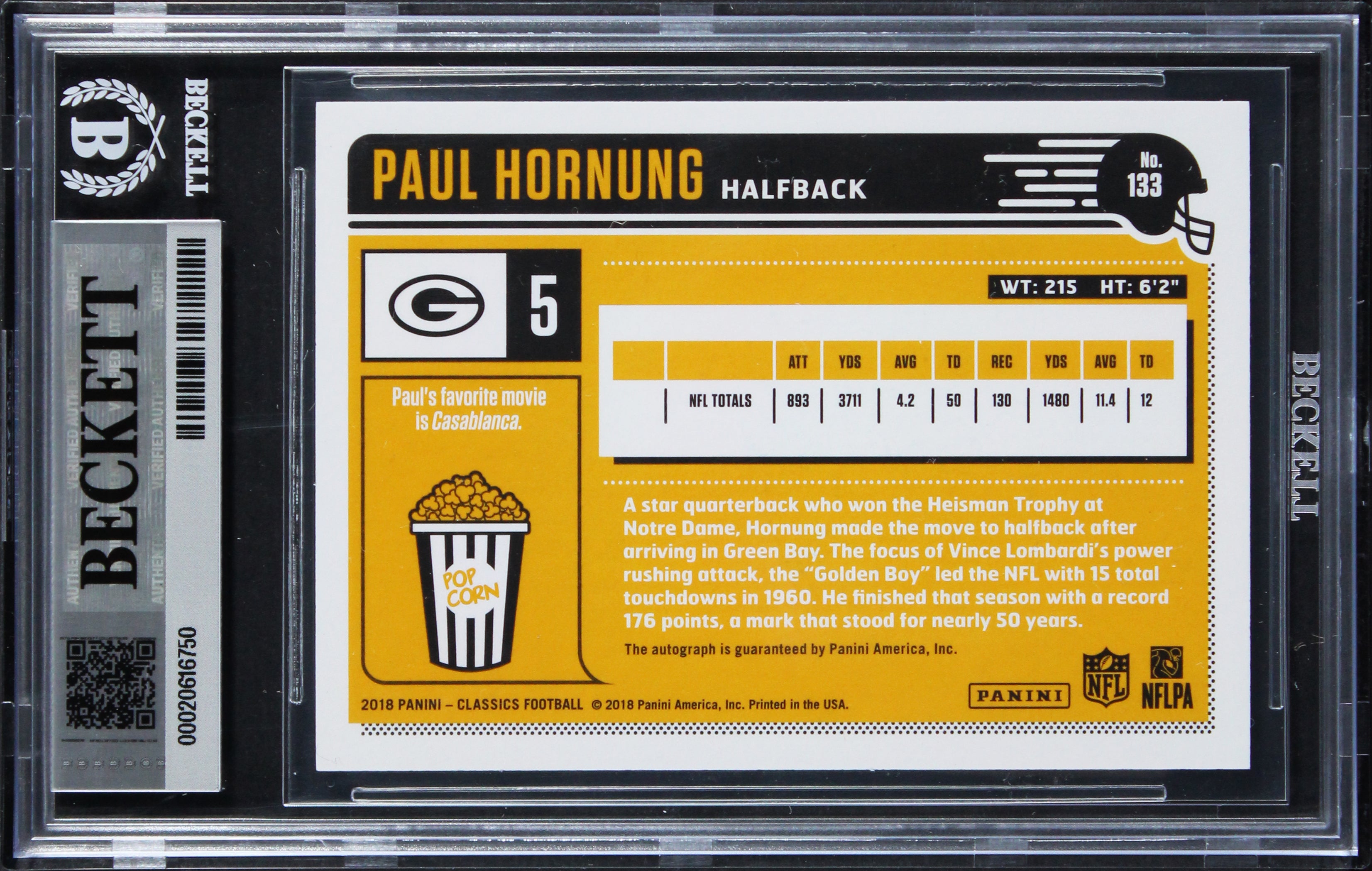 Packers Paul Hornung Signed 2018 Classics Orange #133 Card Auto 10! BAS Slabbed