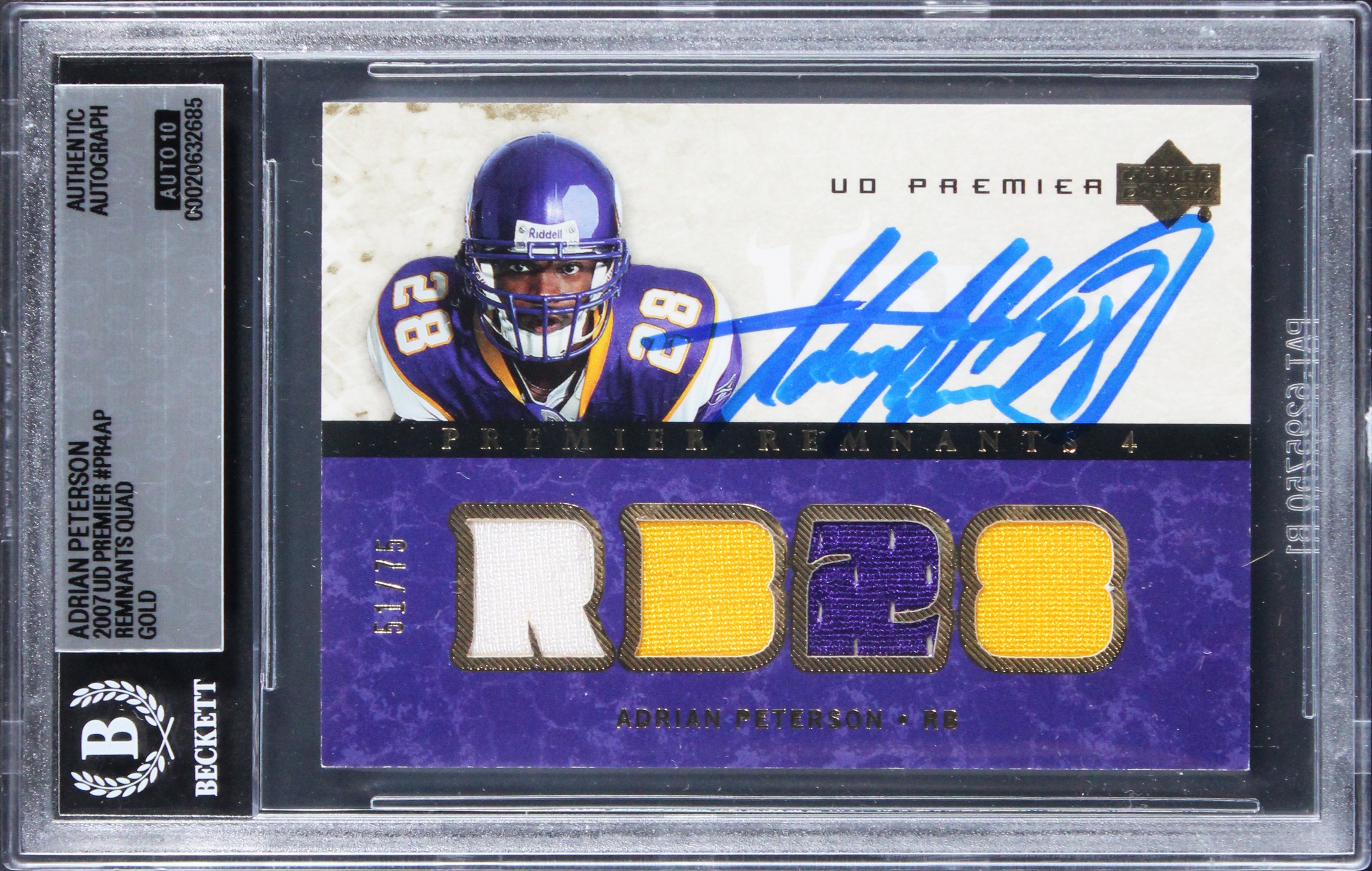 Adrian Peterson Signed 2007 UD Premier #PR4AP 51/75 Card Auto 10! BAS Slabbed