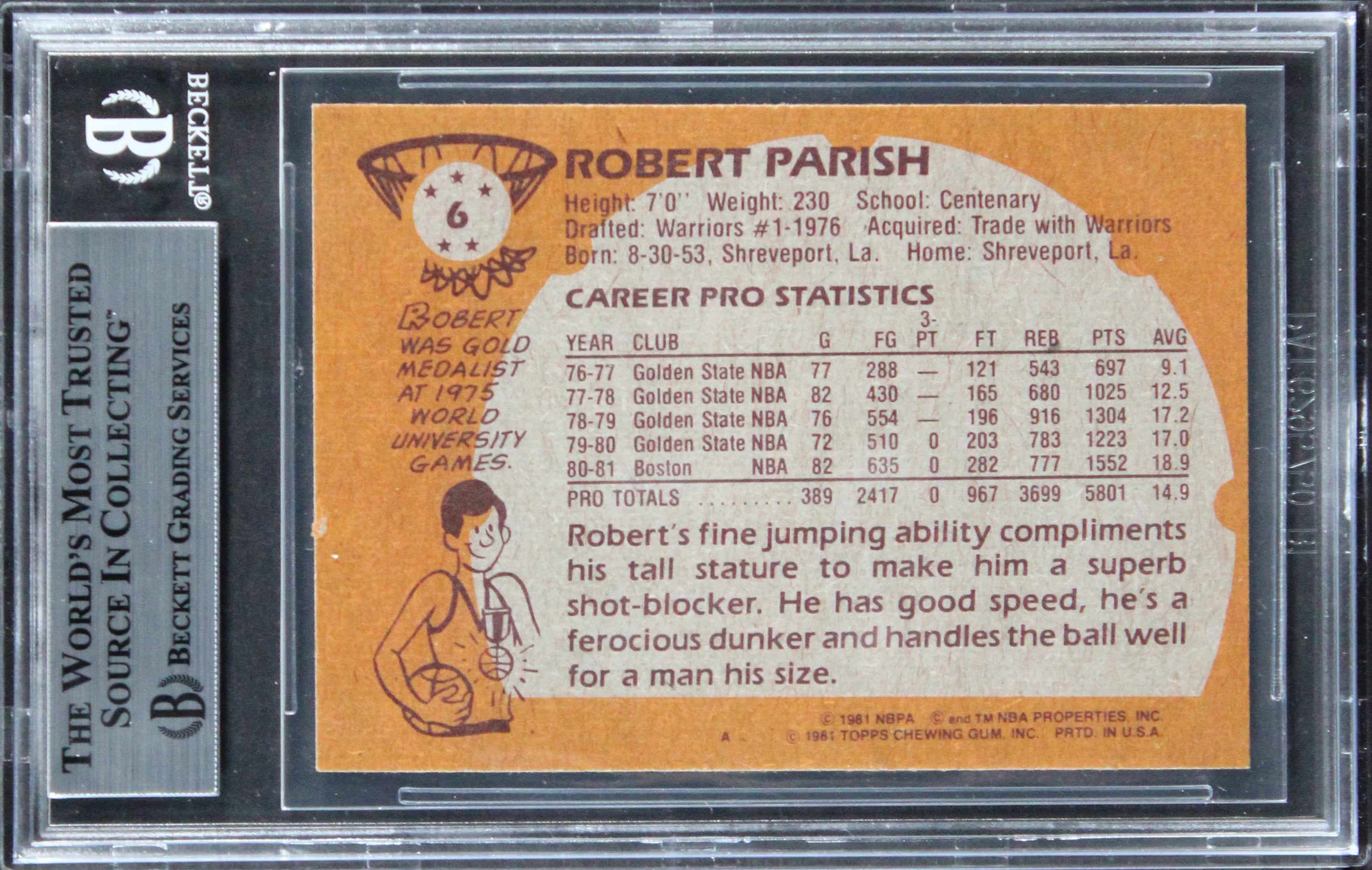 Celtics Robert Parish Authentic 1981 Topps #6 Card Autographed BAS Slabbed 2