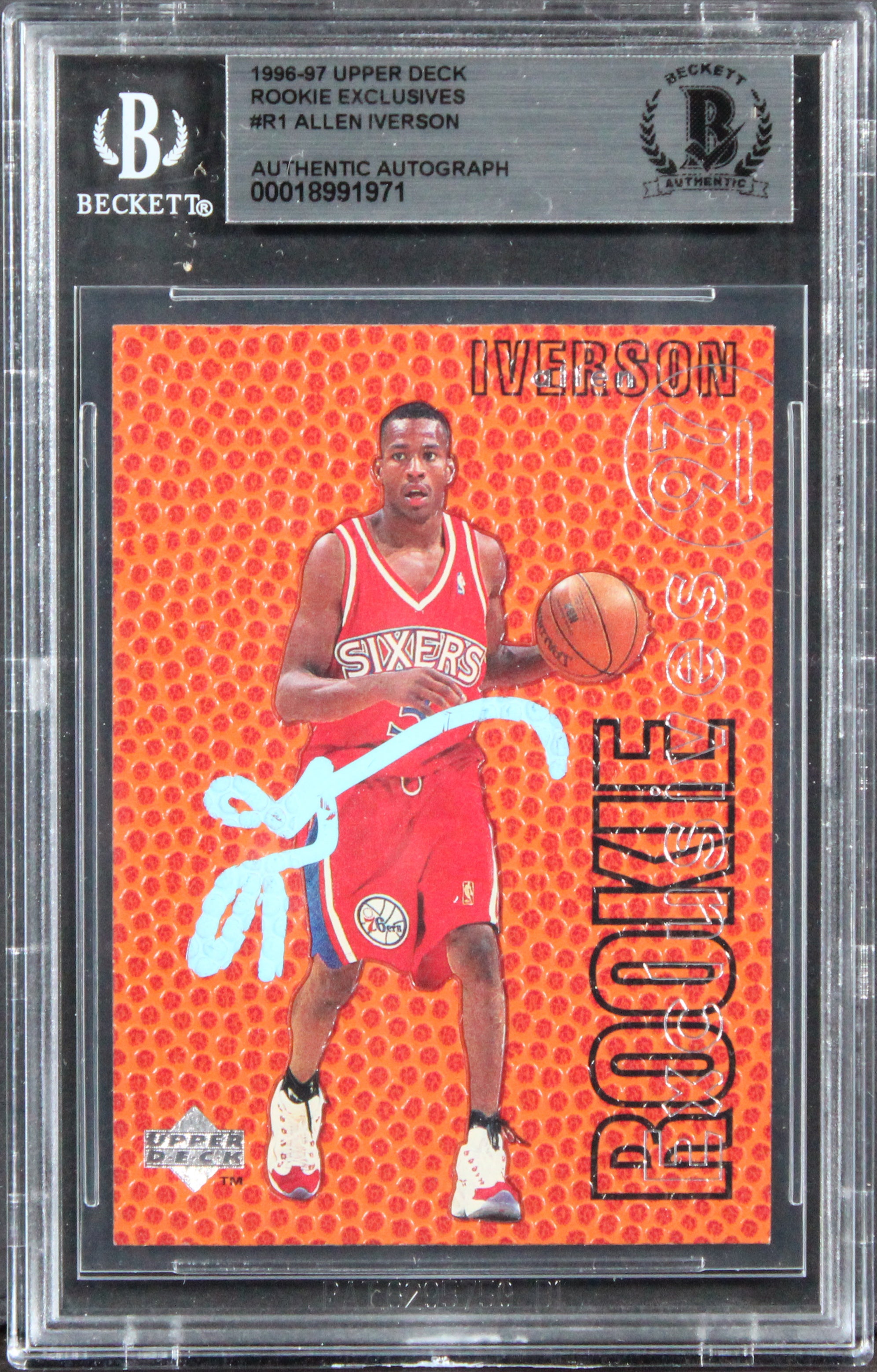 76ers Allen Iverson Signed 1996 Upper Deck Rookie Exclusive #R1 RC Card BAS Slab