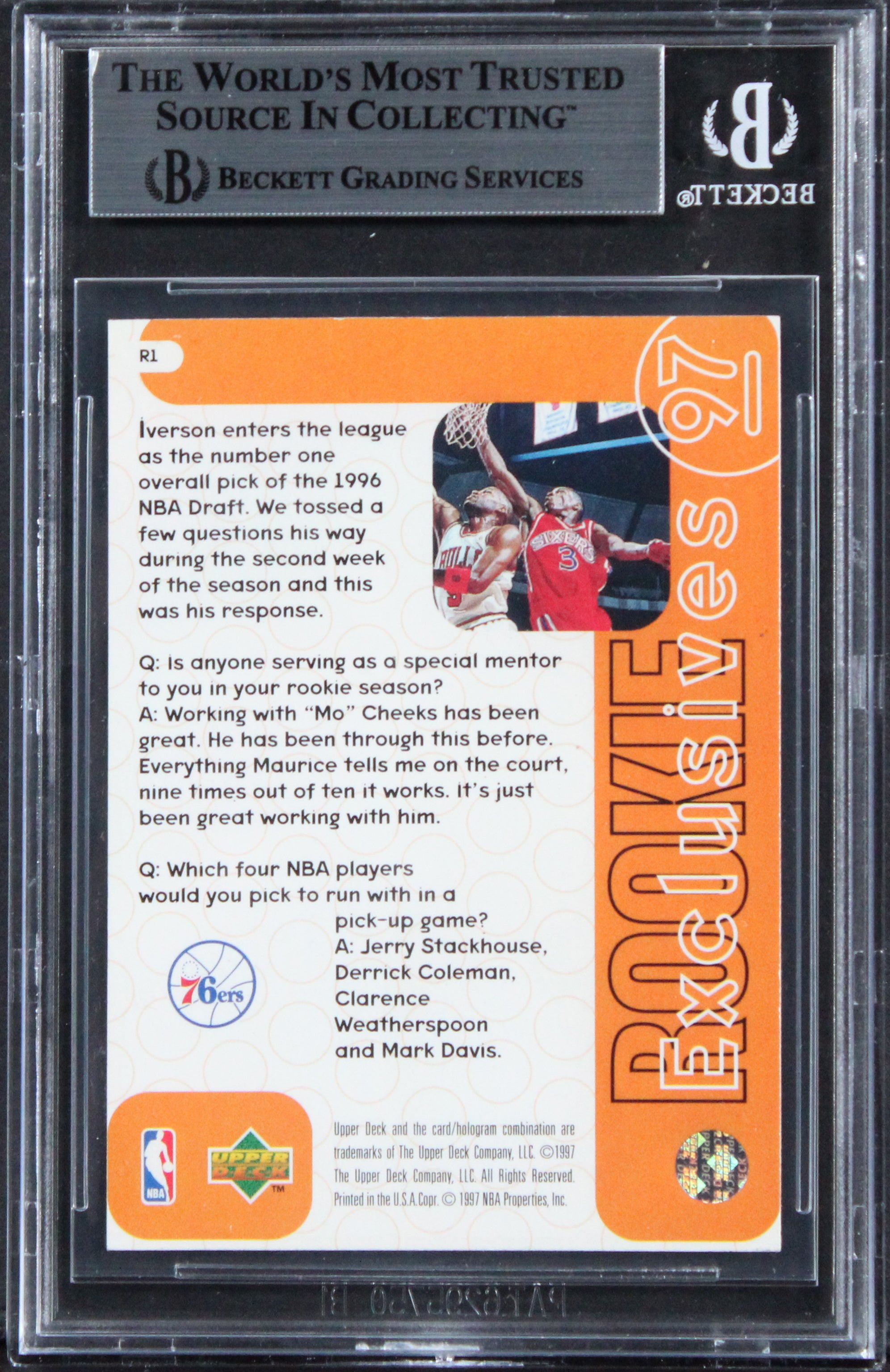 76ers Allen Iverson Signed 1996 Upper Deck Rookie Exclusive #R1 RC Card BAS Slab