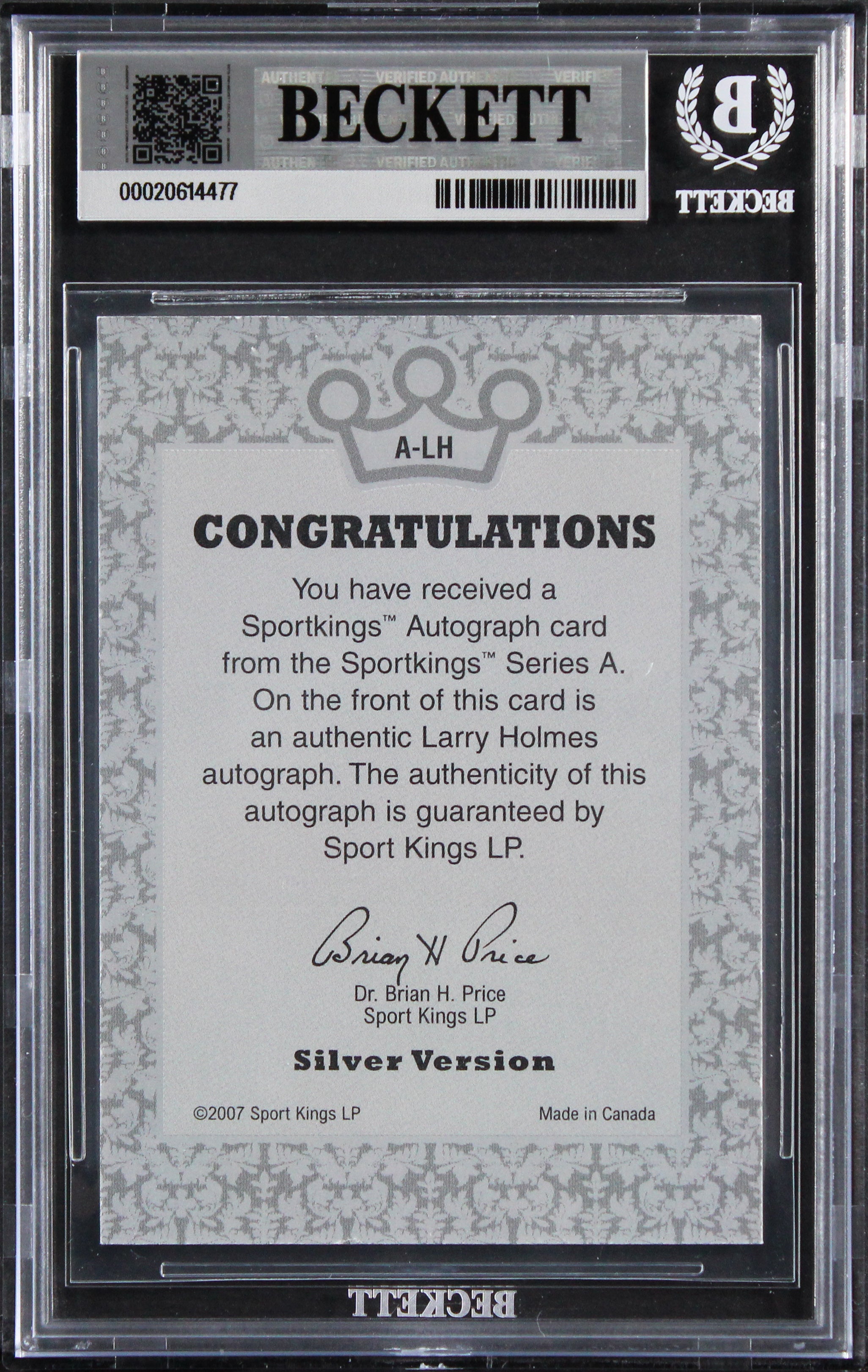Larry Holmes Authentic Signed 2007 Sportkings Auto Silver #ALH Card BAS Slabbed