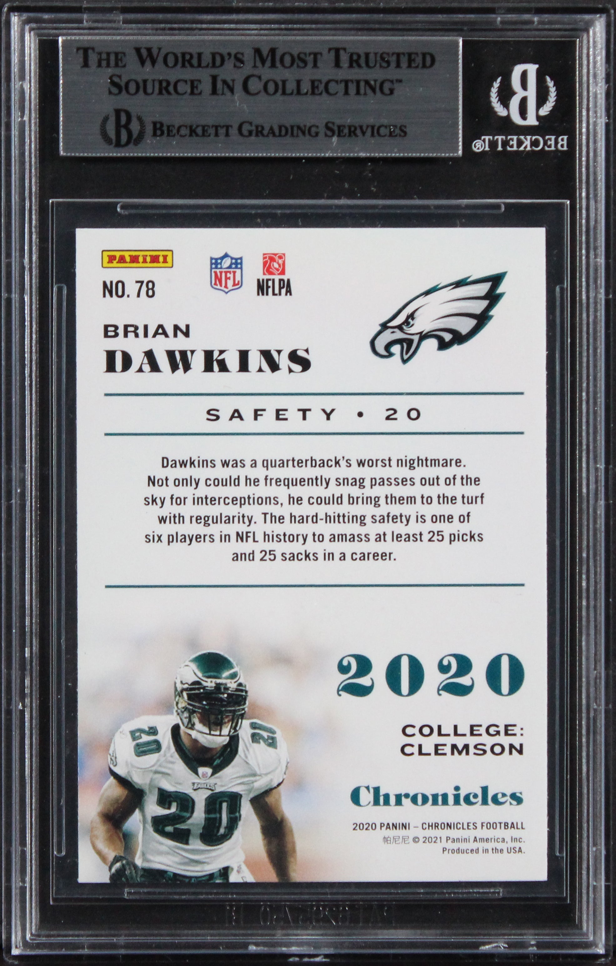 Eagles Brian Dawkins God Bless! Signed 2020 Panini Chronicles #78 Card BAS Slab