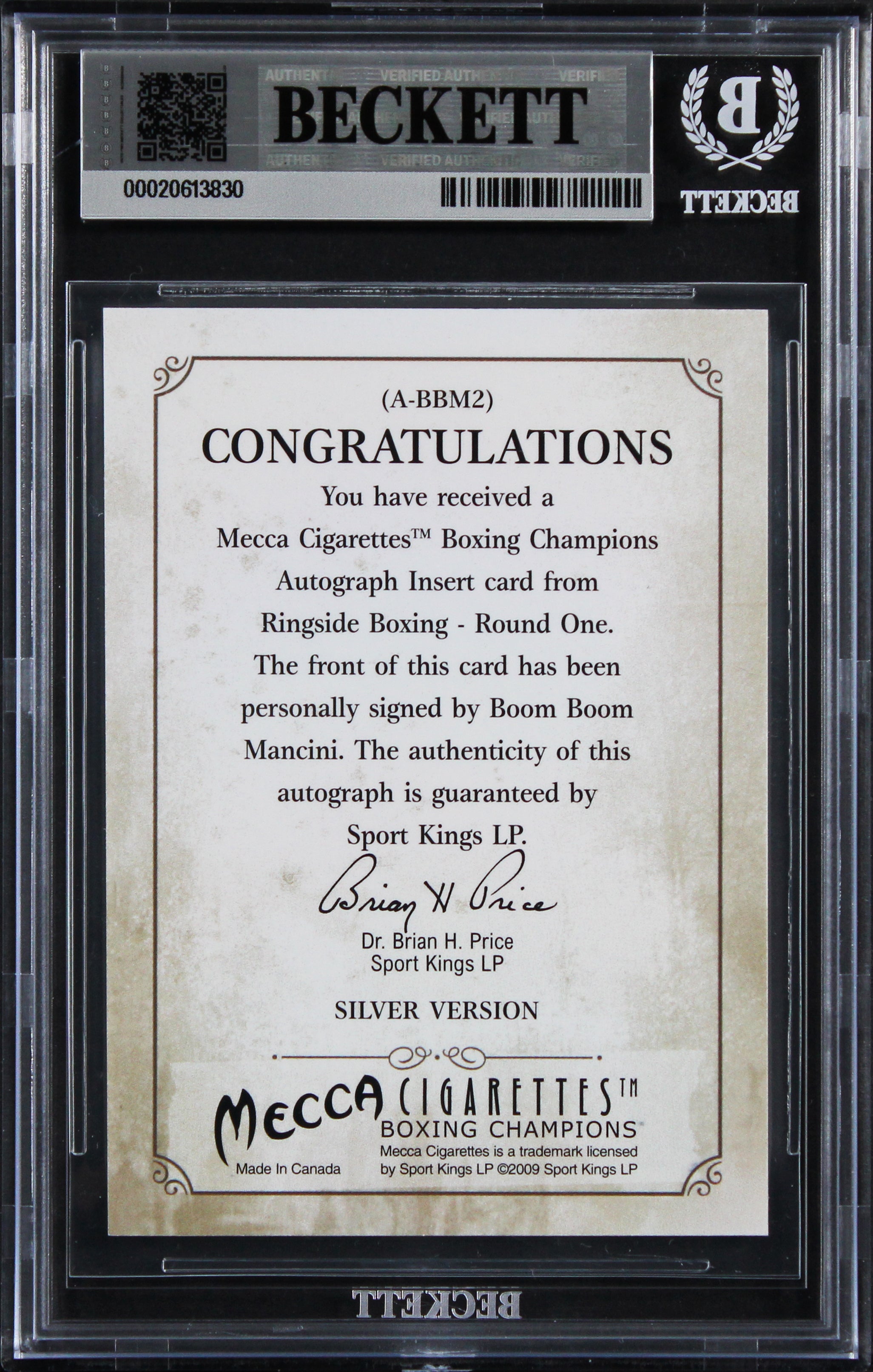 Ray Mancini Signed 2010 Ringside Boxing Round One Autos #ABBM2 Card BAS Slabbed