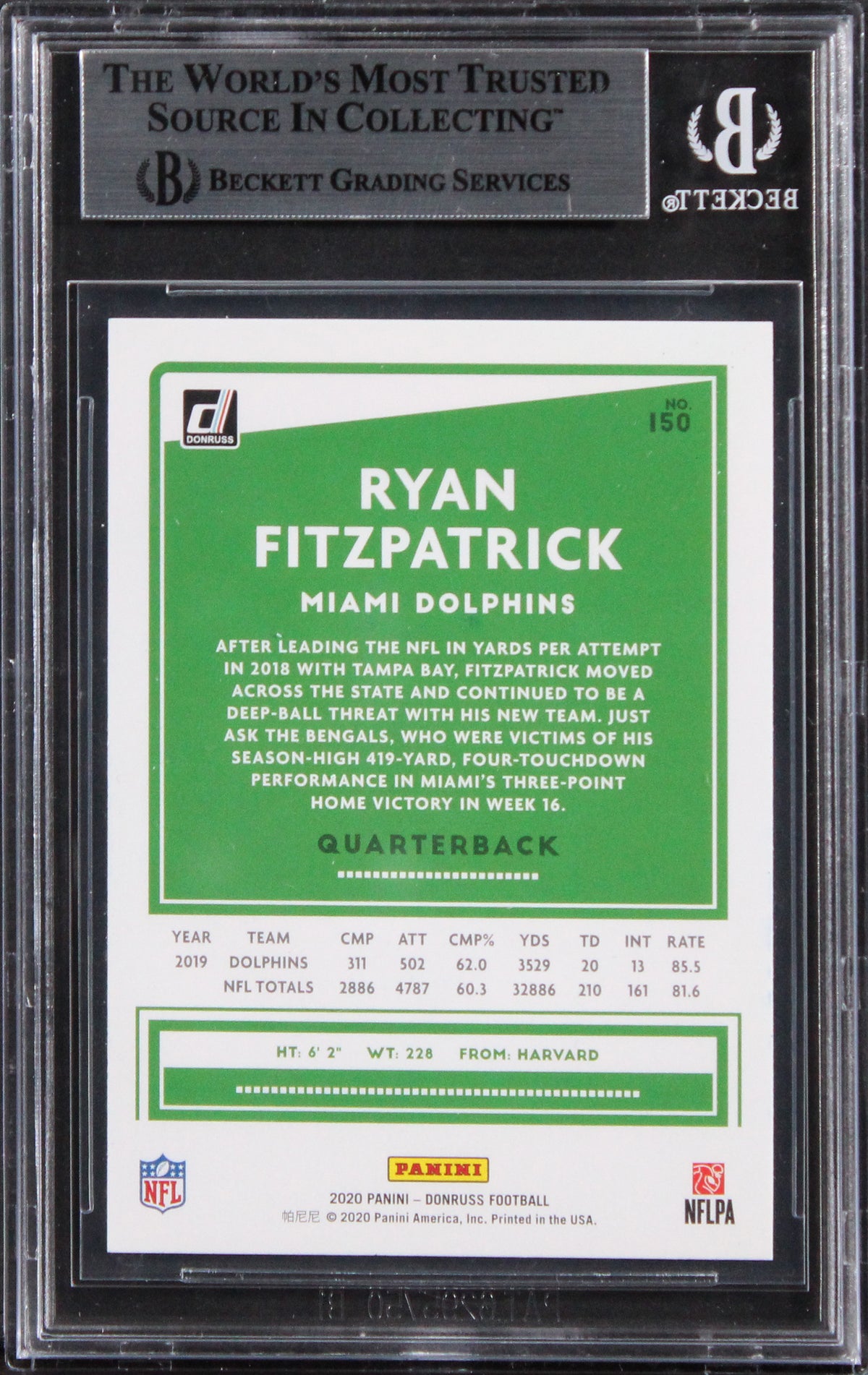 Dolphins Ryan Fitzpatrick Authentic Signed 2020 Donruss #150 Card BAS Slabbed
