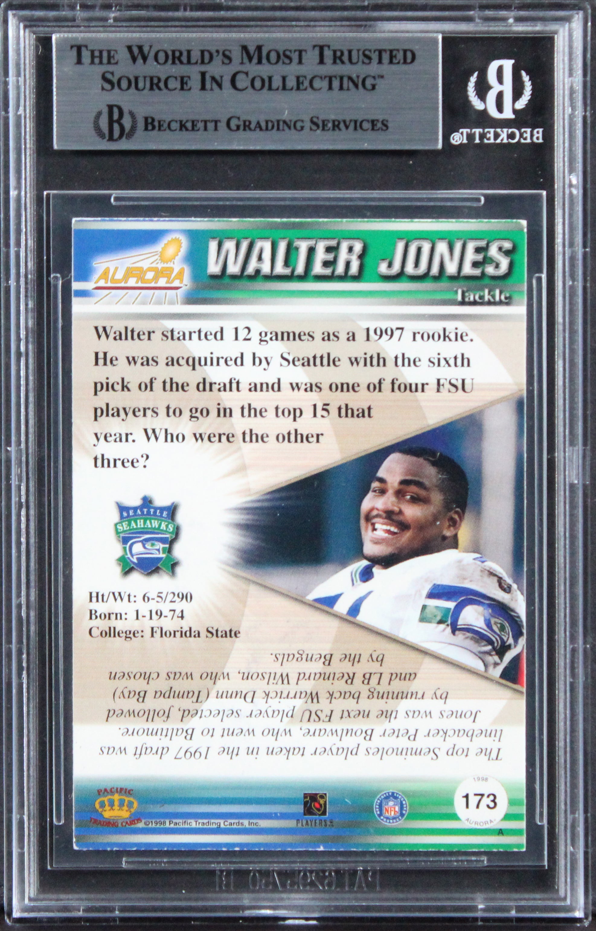 Seahawks Walter Jones HOF 14 Authentic Signed 1998 Aurora #173 Card BAS Slabbed