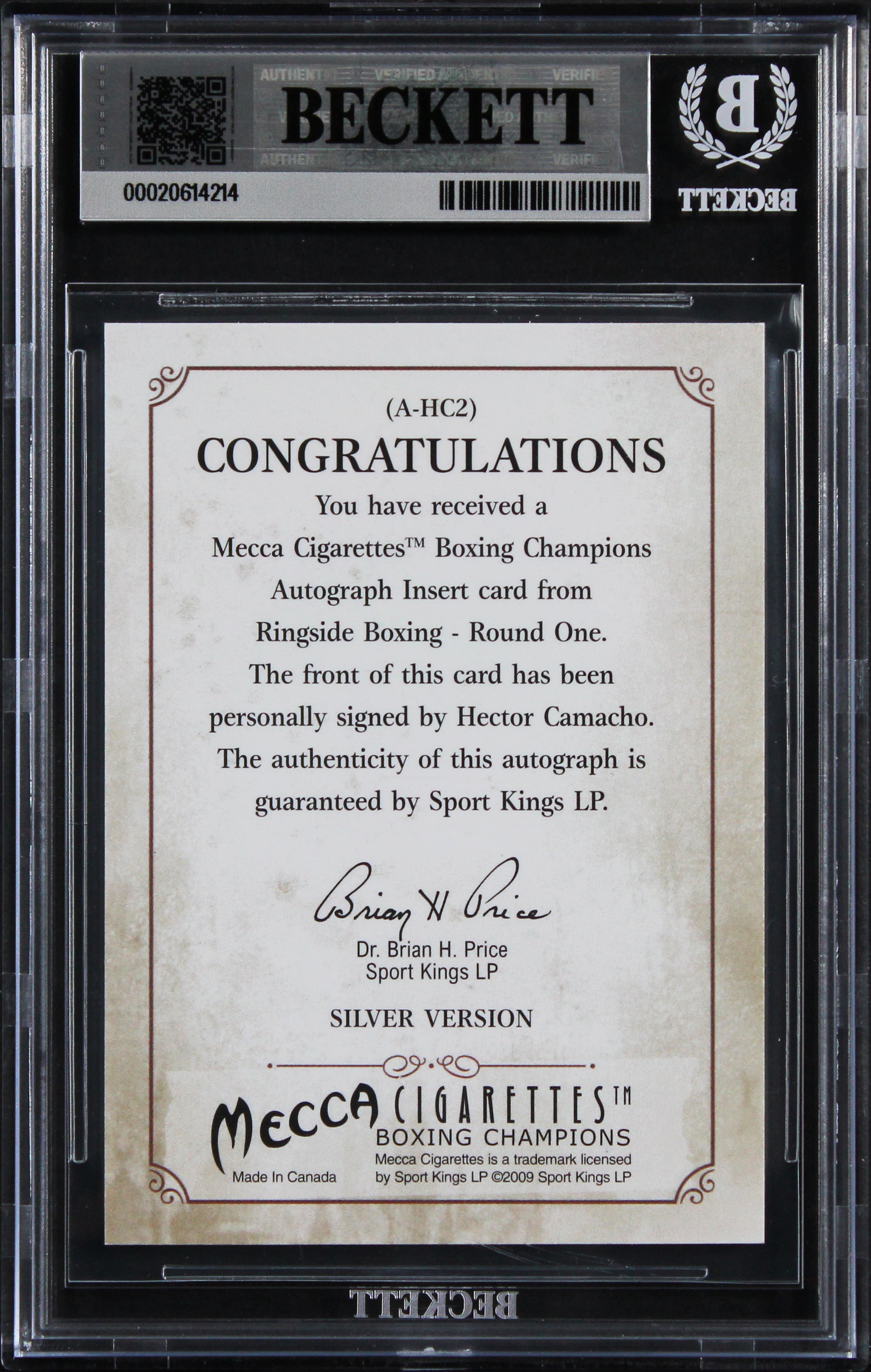 Hector Camacho Signed 2010 Ringside Boxing Round One Autos #AHC2 Card BAS Slab