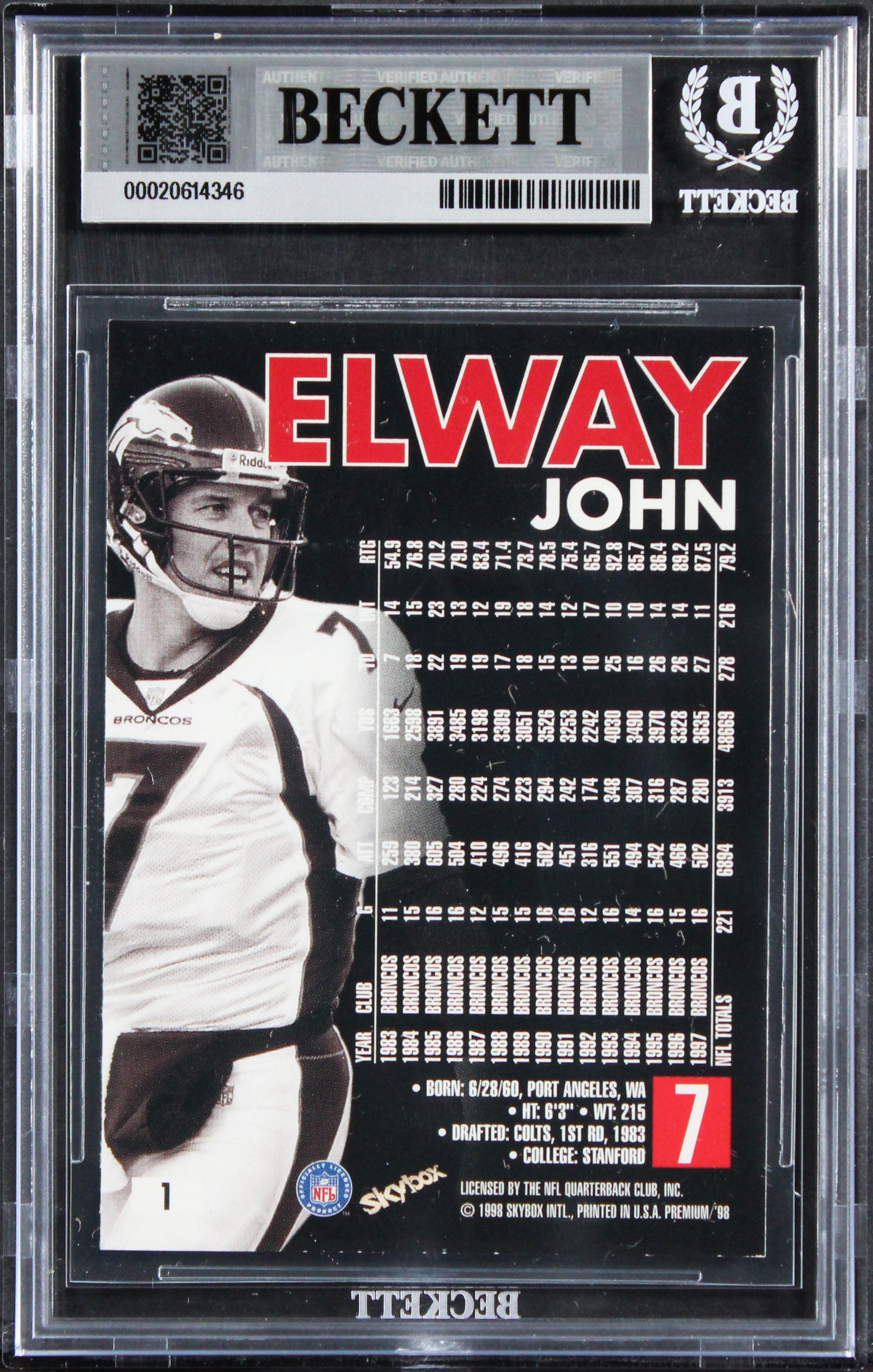 Broncos John Elway Authentic 1998 Skybox Premium #1 Card Autographed BAS Slabbed