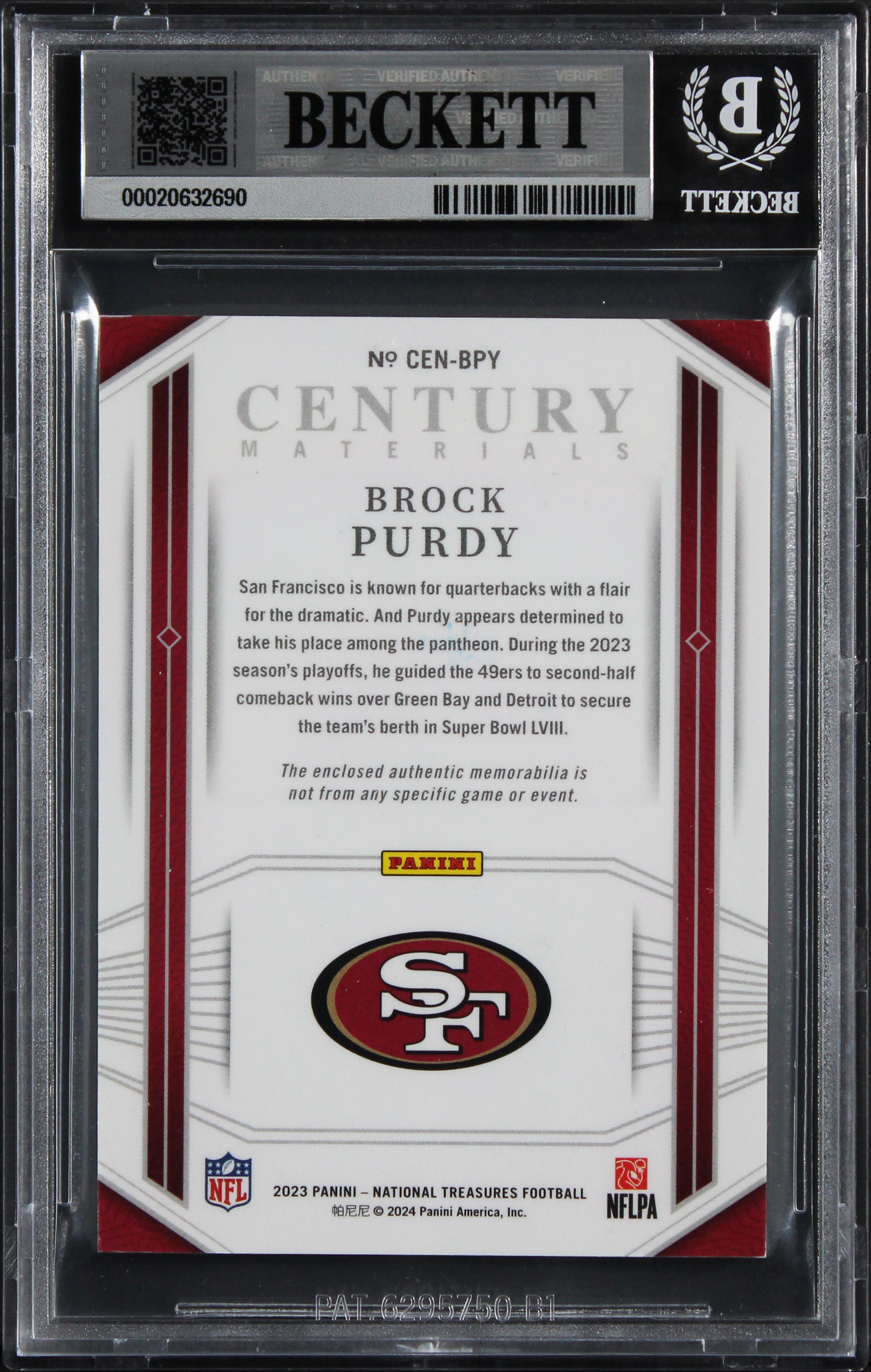 49ers Brock Purdy Signed 2023 National Treasures #13 36/49 Card Auto 10 BAS Slab