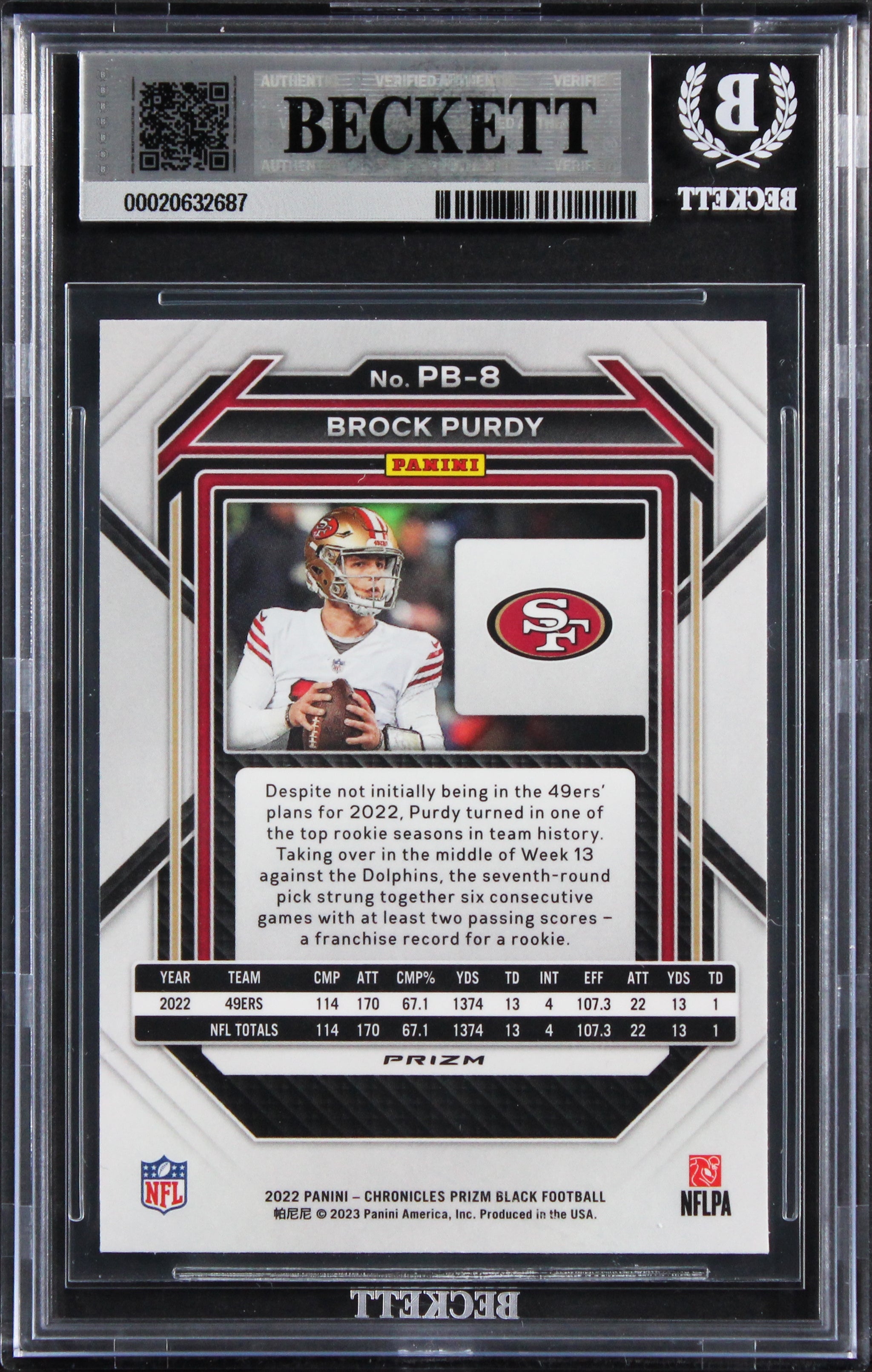 49ers Brock Purdy Signed 2022 Chronicles Prizm Black #8 RC Card Auto 10 BAS Slab