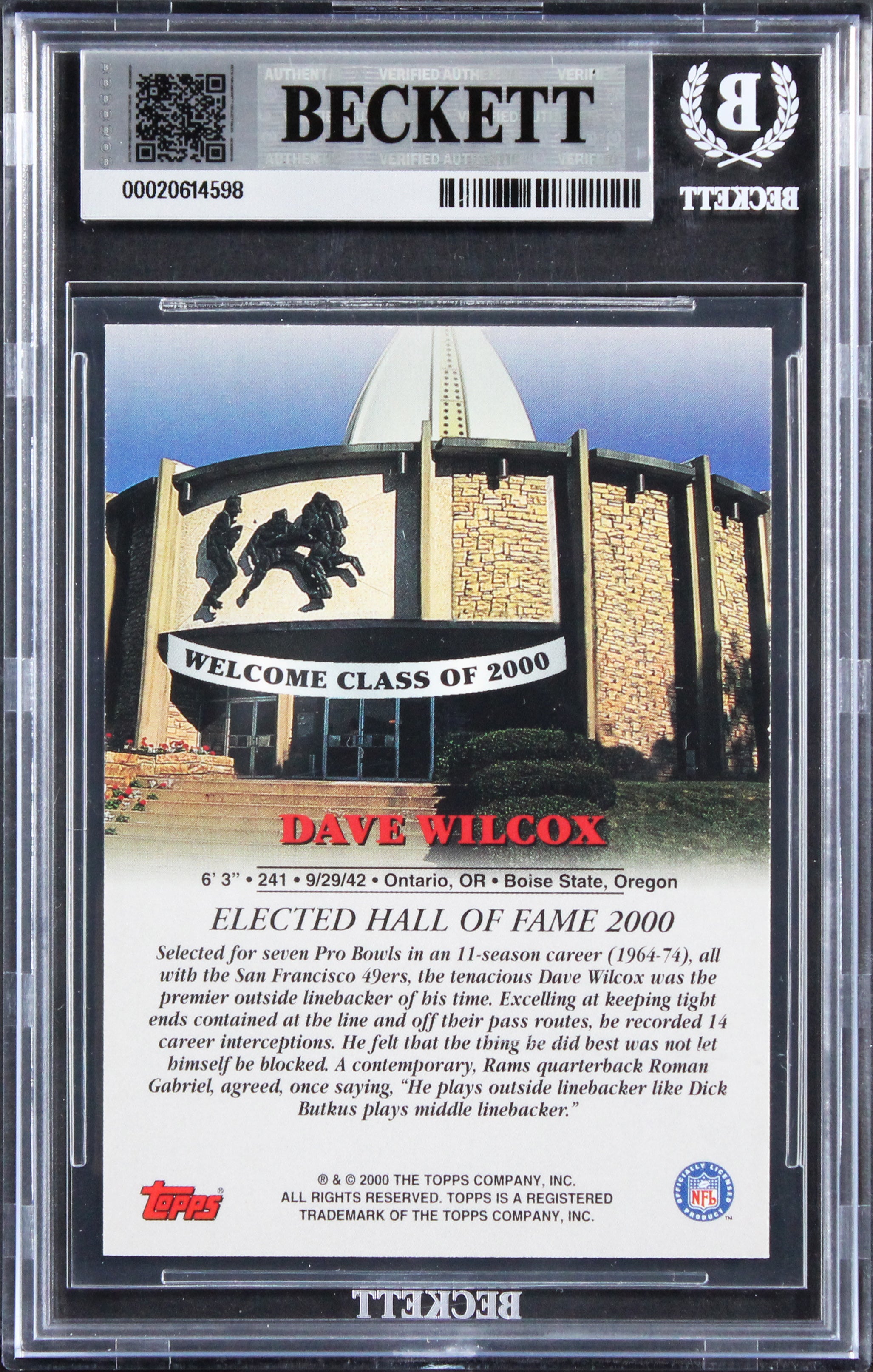 49ers Dave Wilcox Signed 2000 Topps Hall Of Fame Class Of 2000 Card BAS Slabbed