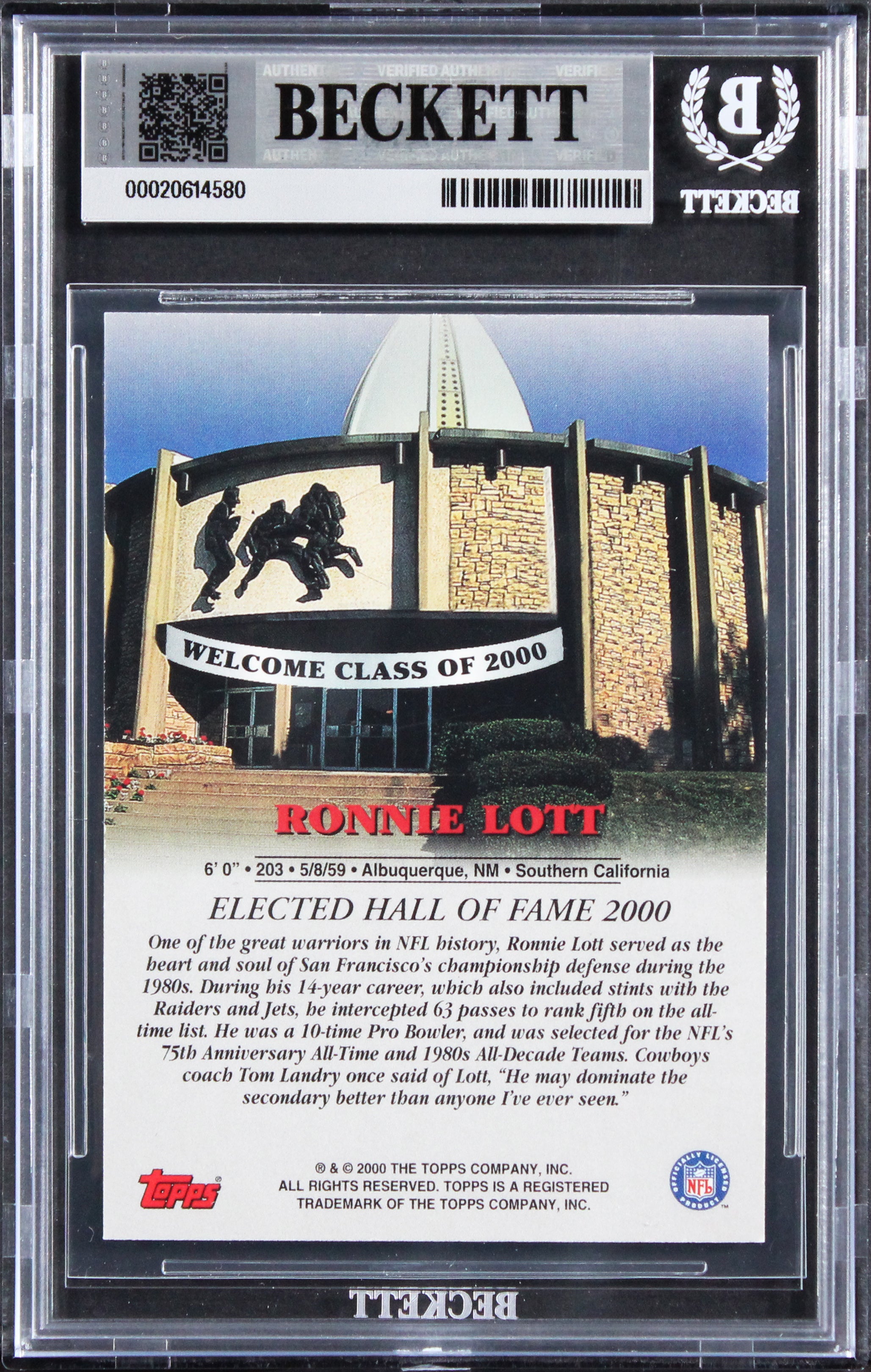49ers Ronnie Lott Signed 2000 Topps Hall Of Fame Class Of 2000 Card BAS Slab 2