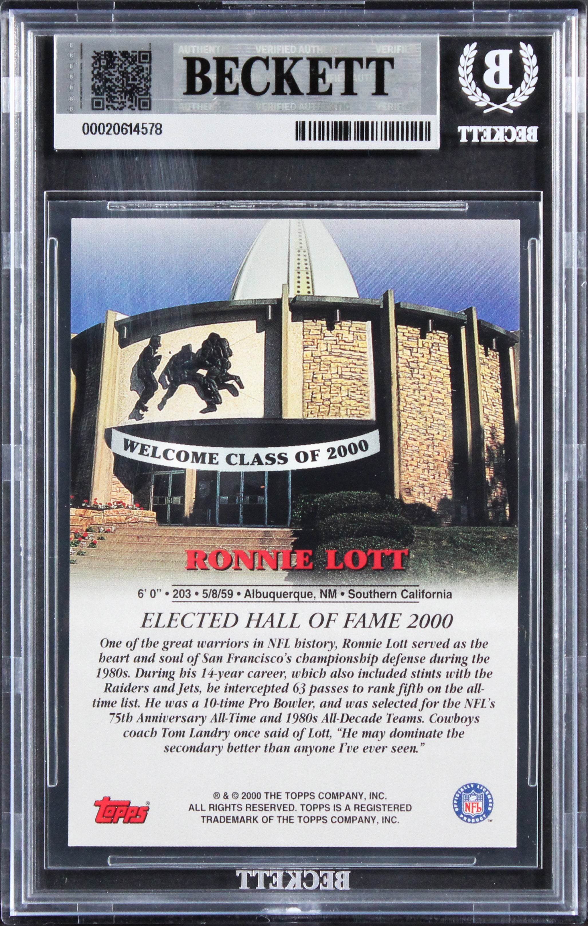49ers Ronnie Lott Signed 2000 Topps Hall Of Fame Class Of 2000 Card BAS Slab 3