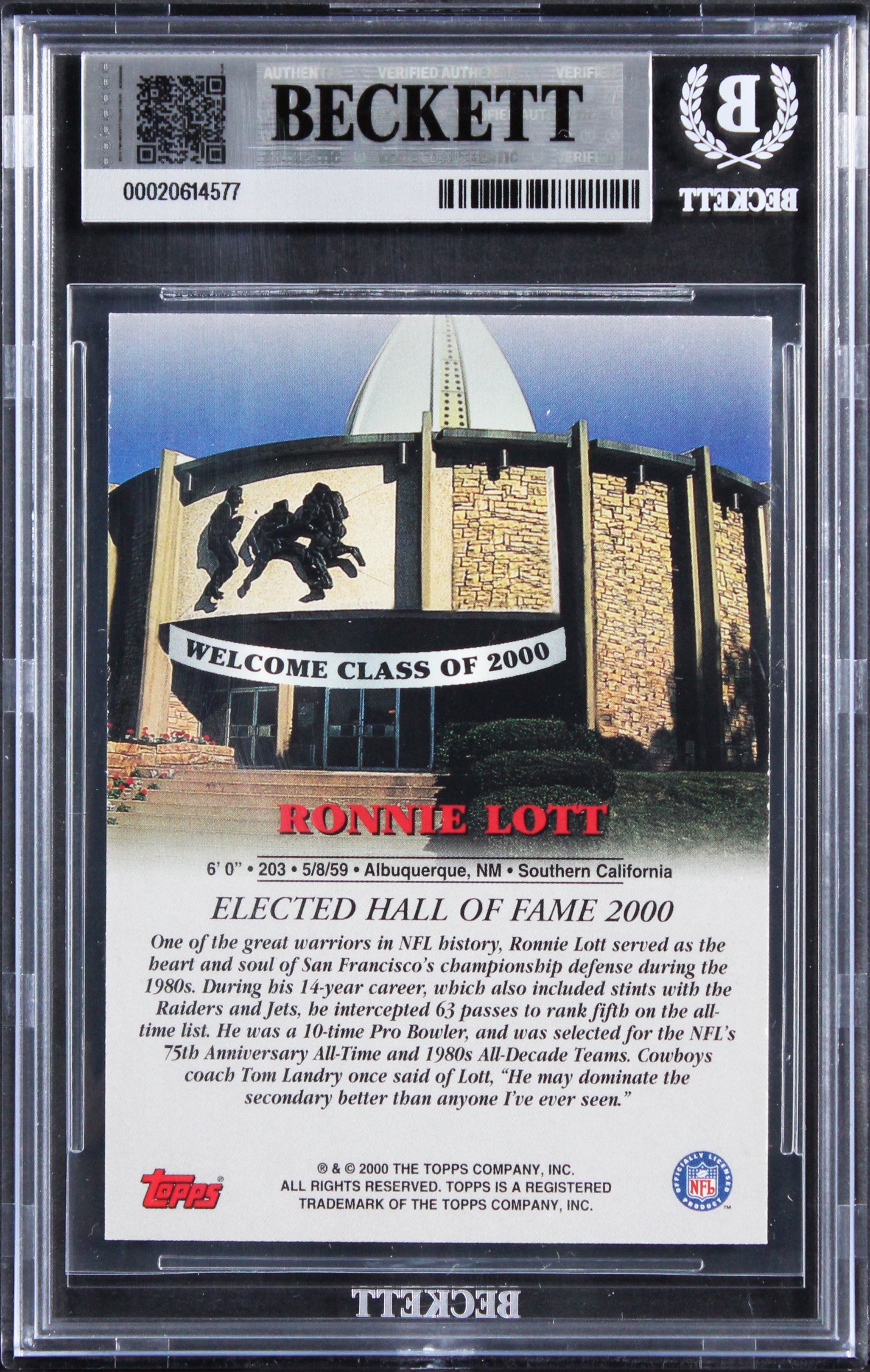 49ers Ronnie Lott Signed 2000 Topps Hall Of Fame Class Of 2000 Card BAS Slab 5