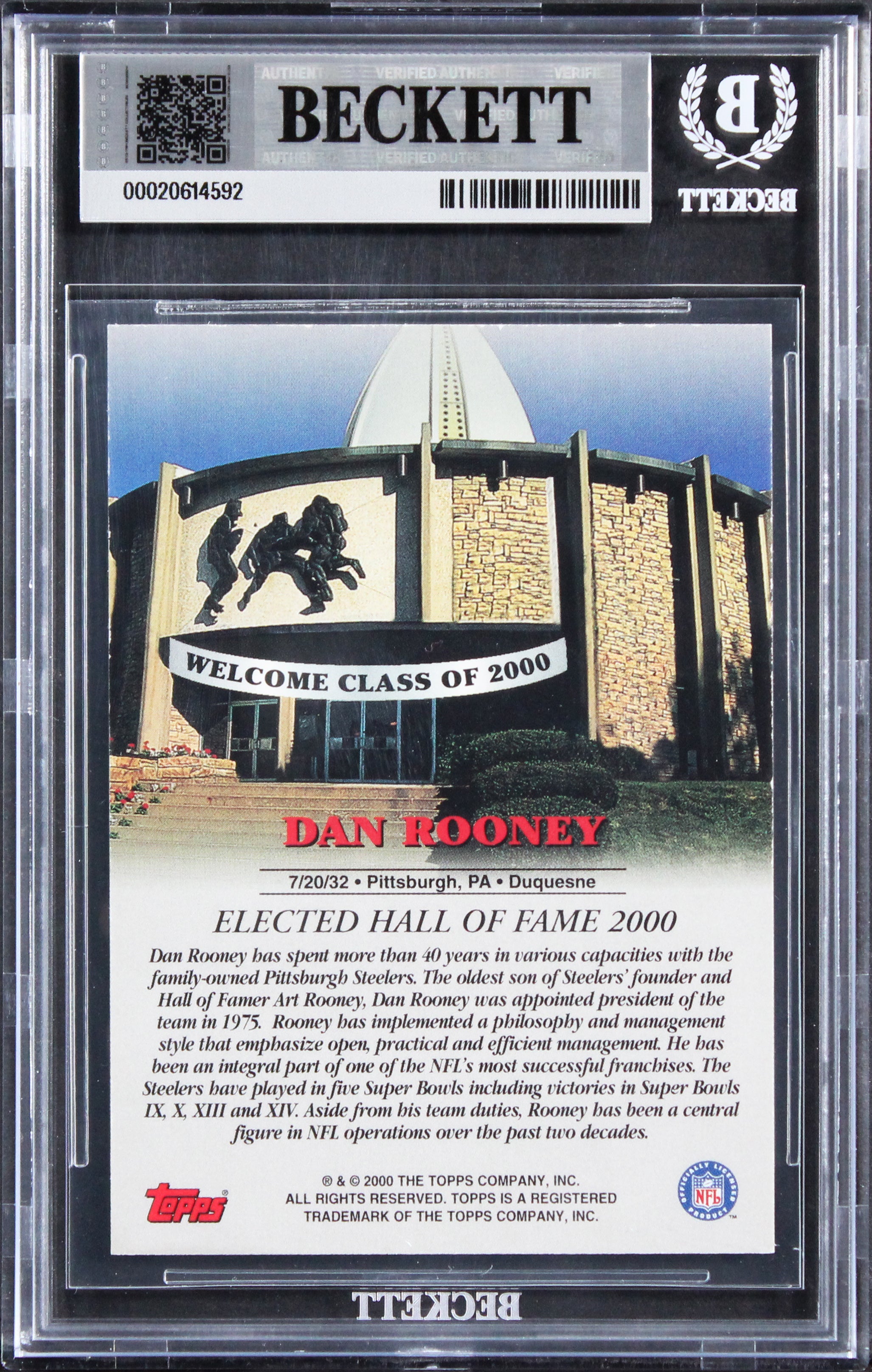 Steelers Dan Rooney Signed 2000 Topps Hall Of Fame Class Of 2000 Card BAS Slab 3
