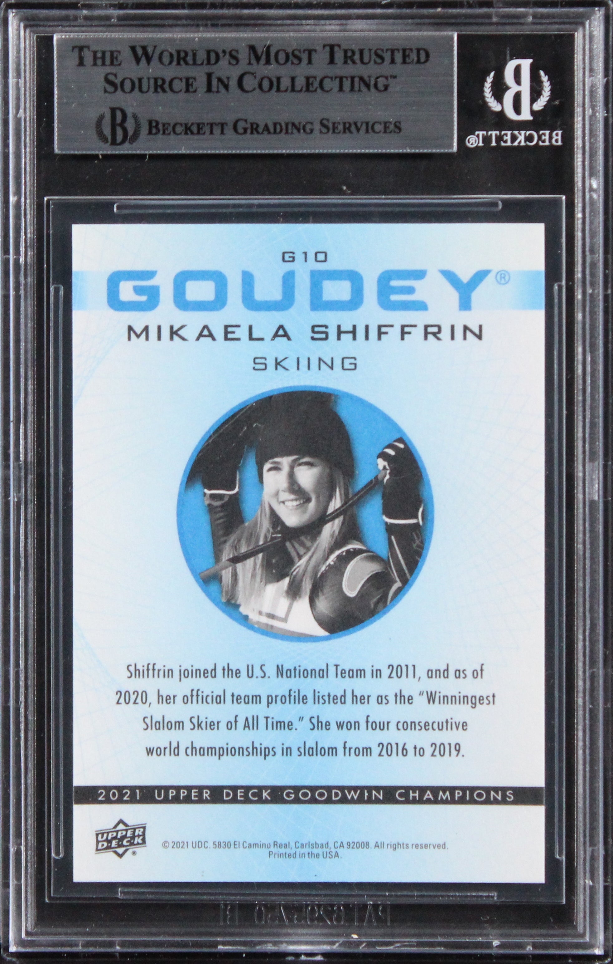 Mikaela Shiffrin Signed 2021 UD Goodwin Champions Goudey #G10 Card BAS Slabbed