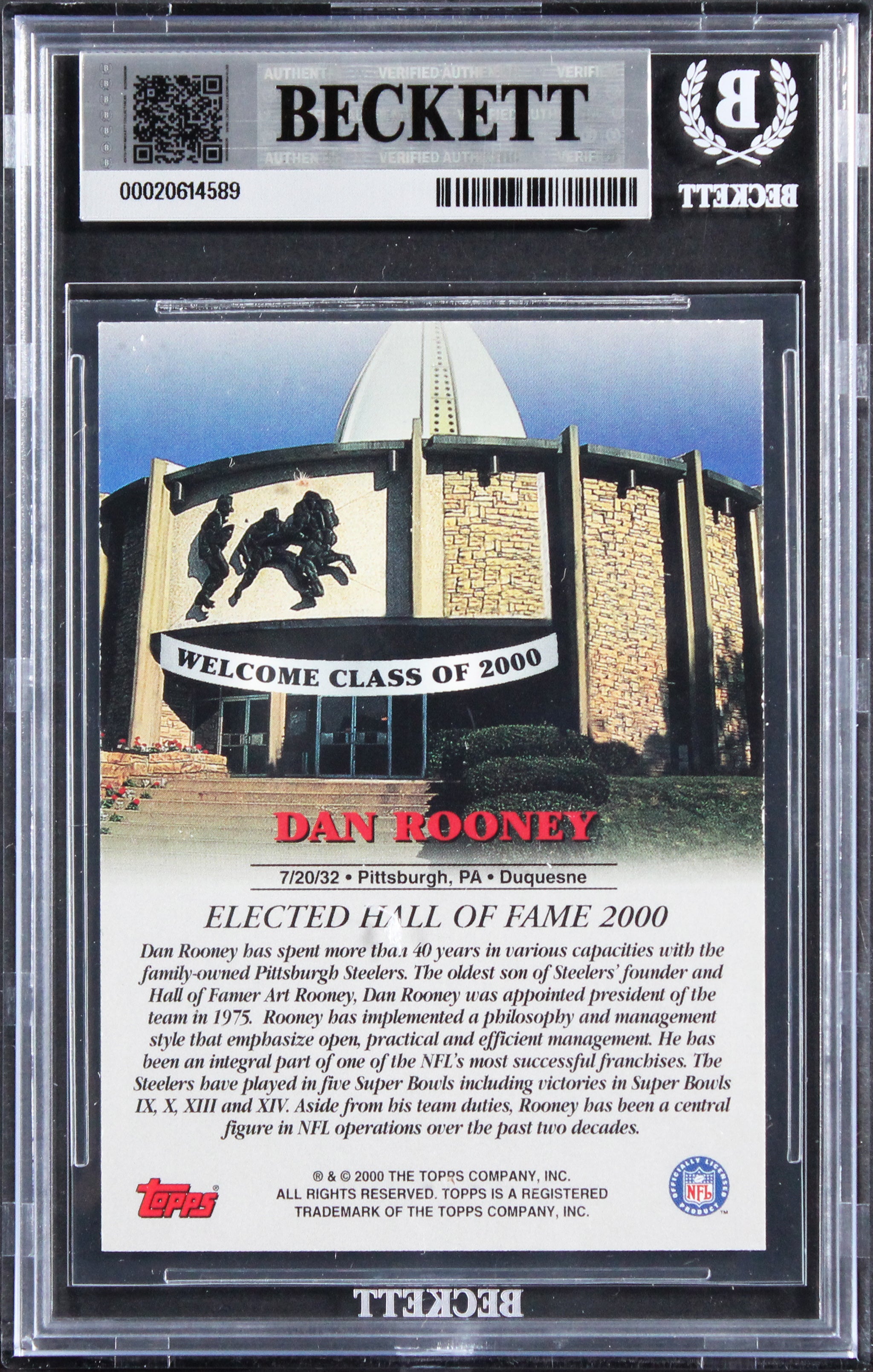 Steelers Dan Rooney Signed 2000 Topps Hall Of Fame Class Of 2000 Card BAS Slab 6