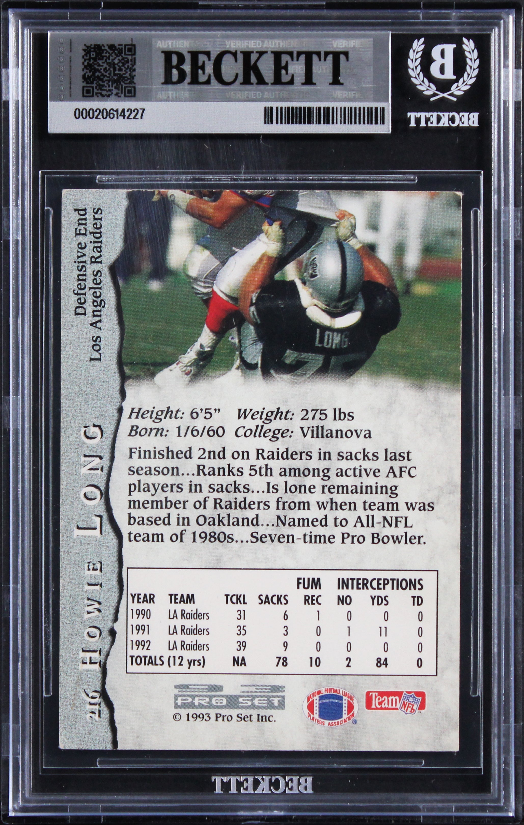 Raiders Howie Long "Hall Of Fame 2000" Signed 1993 Pro Set #216 Card BAS Slabbed
