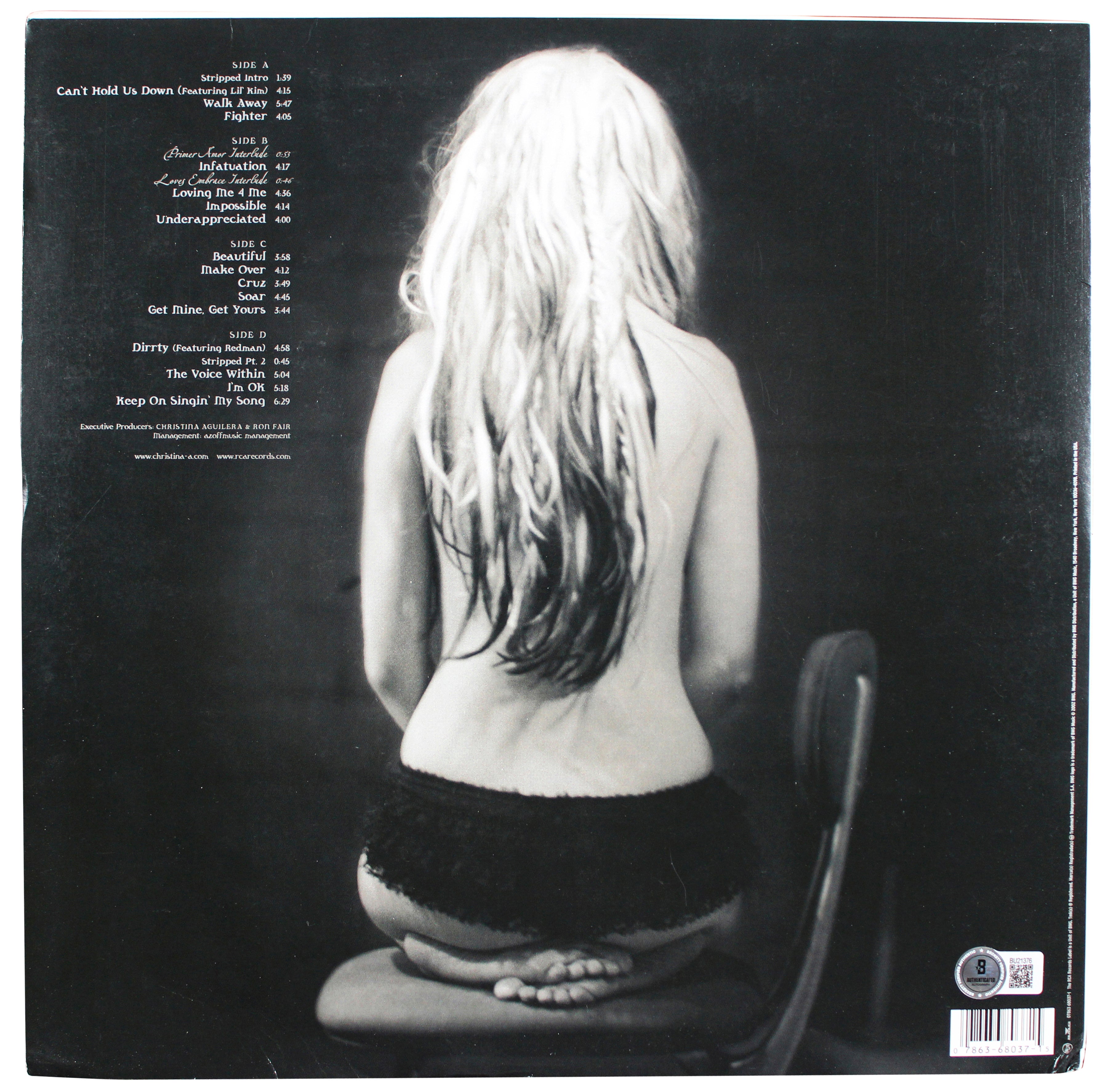 Christina Aguilera Authentic Signed Stripped Album Cover W/ Vinyl BAS #BU21376