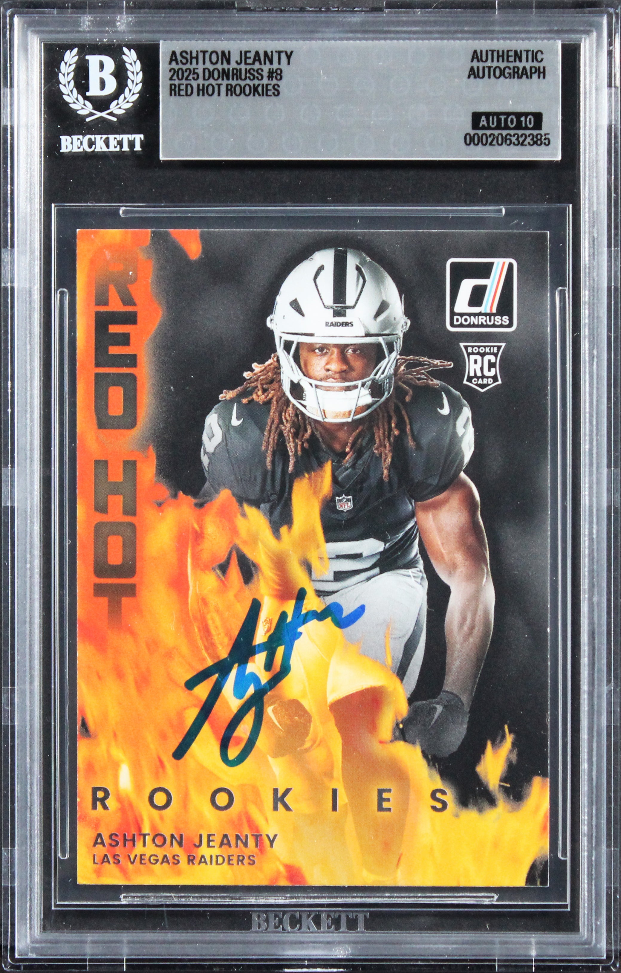 Raiders Ashton Jeanty Signed 2025 Donruss Red Hot #8 RC Card Auto 10! BAS Slab