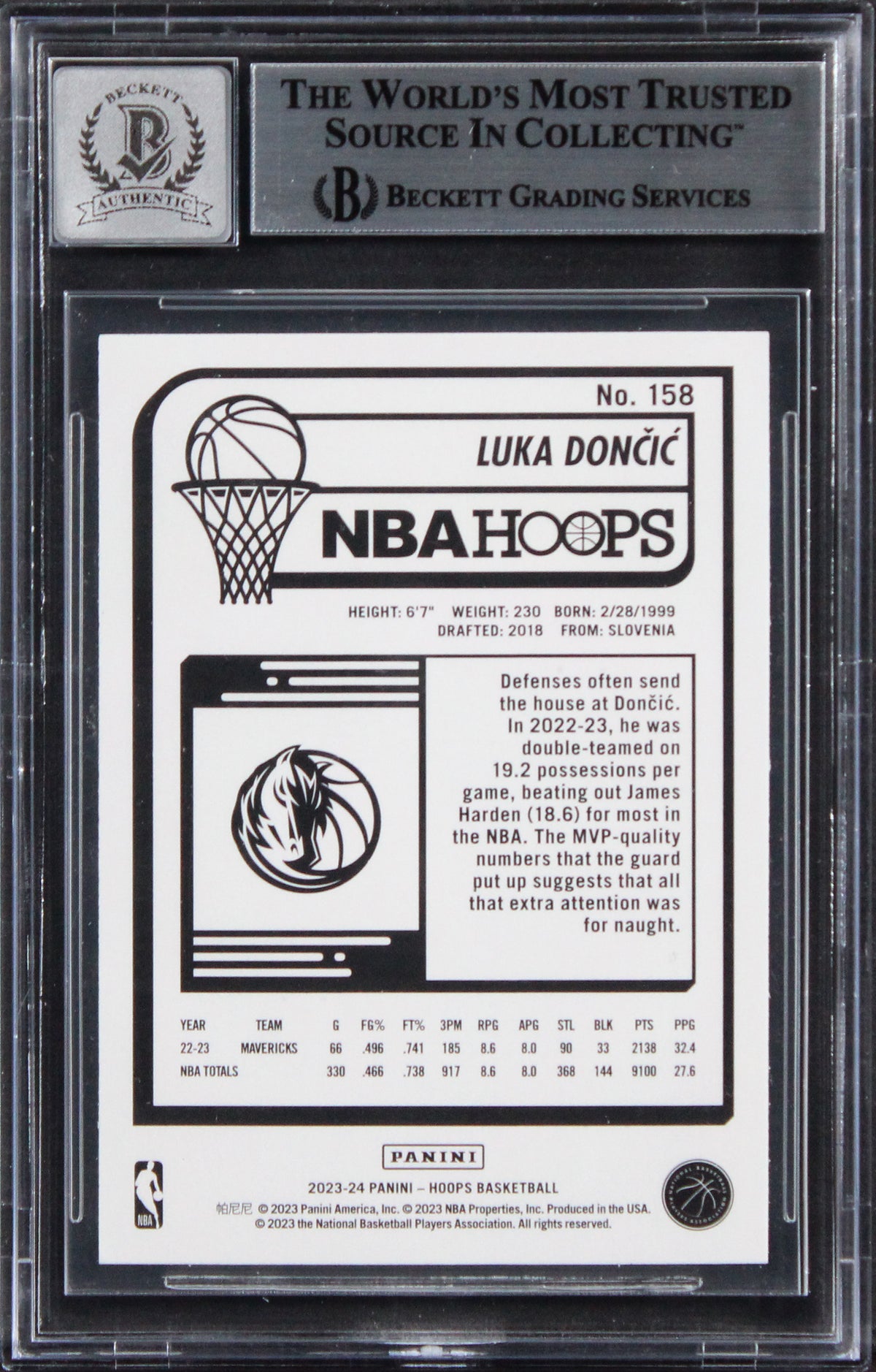 Mavericks Luka Doncic Signed 2023 Hoops #158 Card Auto Grade GM 10! BAS Slabbed