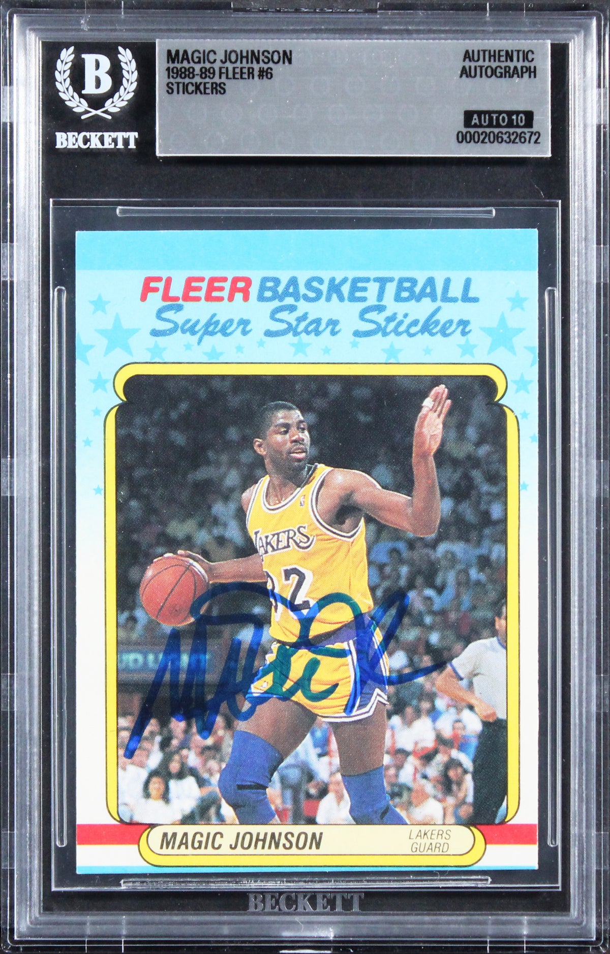 Lakers Magic Johnson Signed 1988 Fleer Stickers #6 Card Auto GM 10! BAS Slabbed